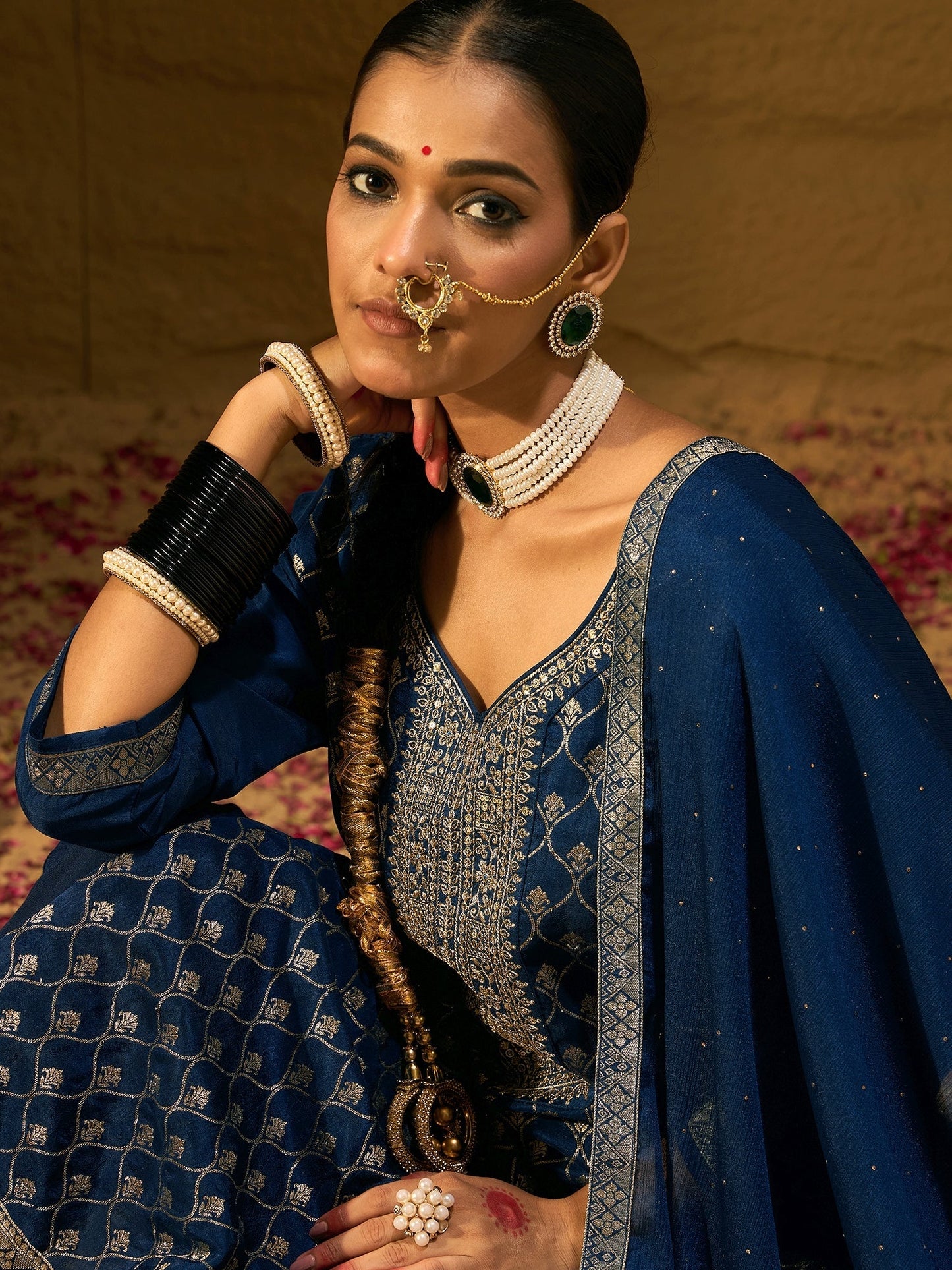 Indo Era Blue Embroidered Straight Kurta Trousers With Dupatta set