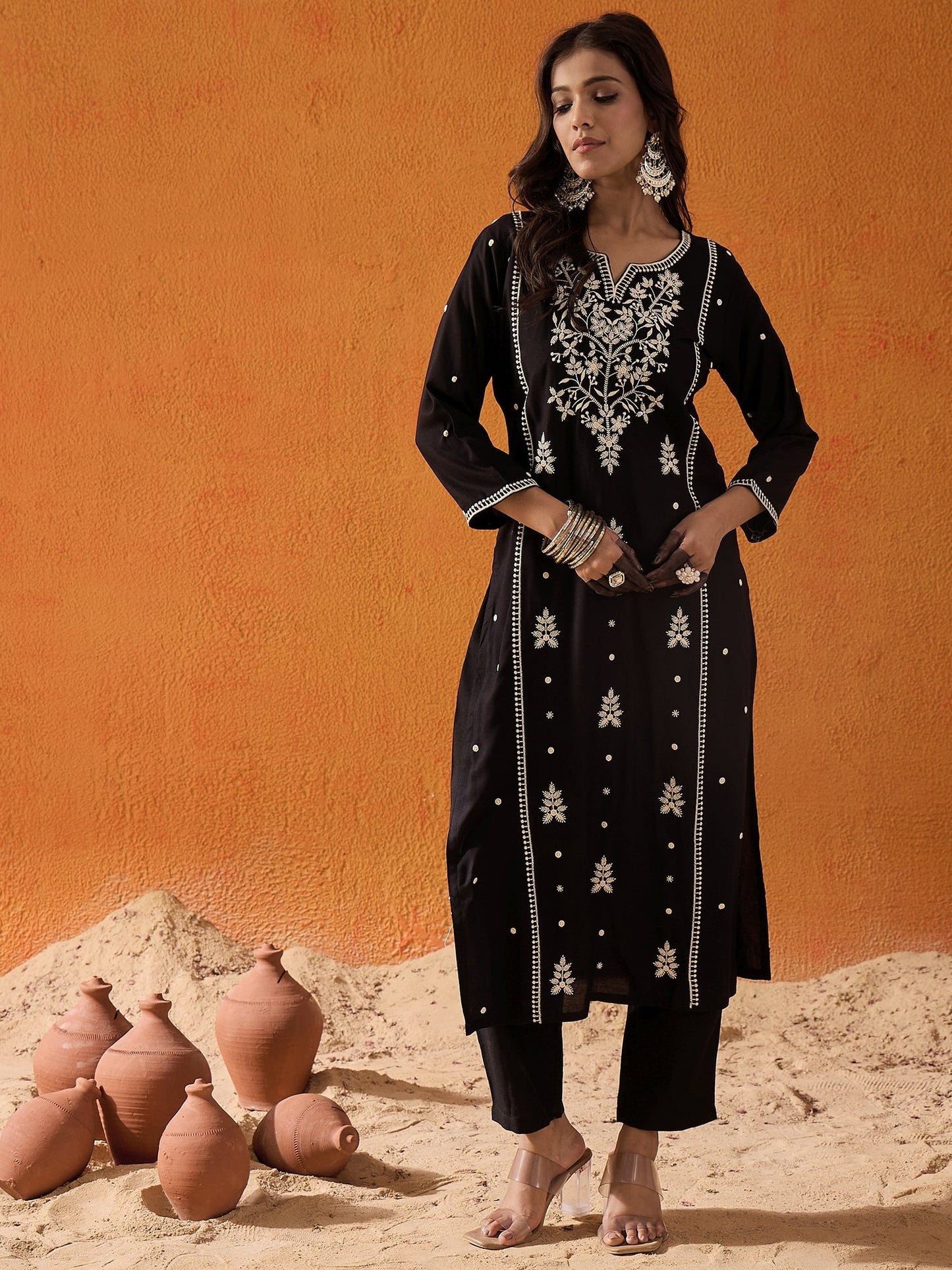 indo era Black Embroidered Straight Kurtas