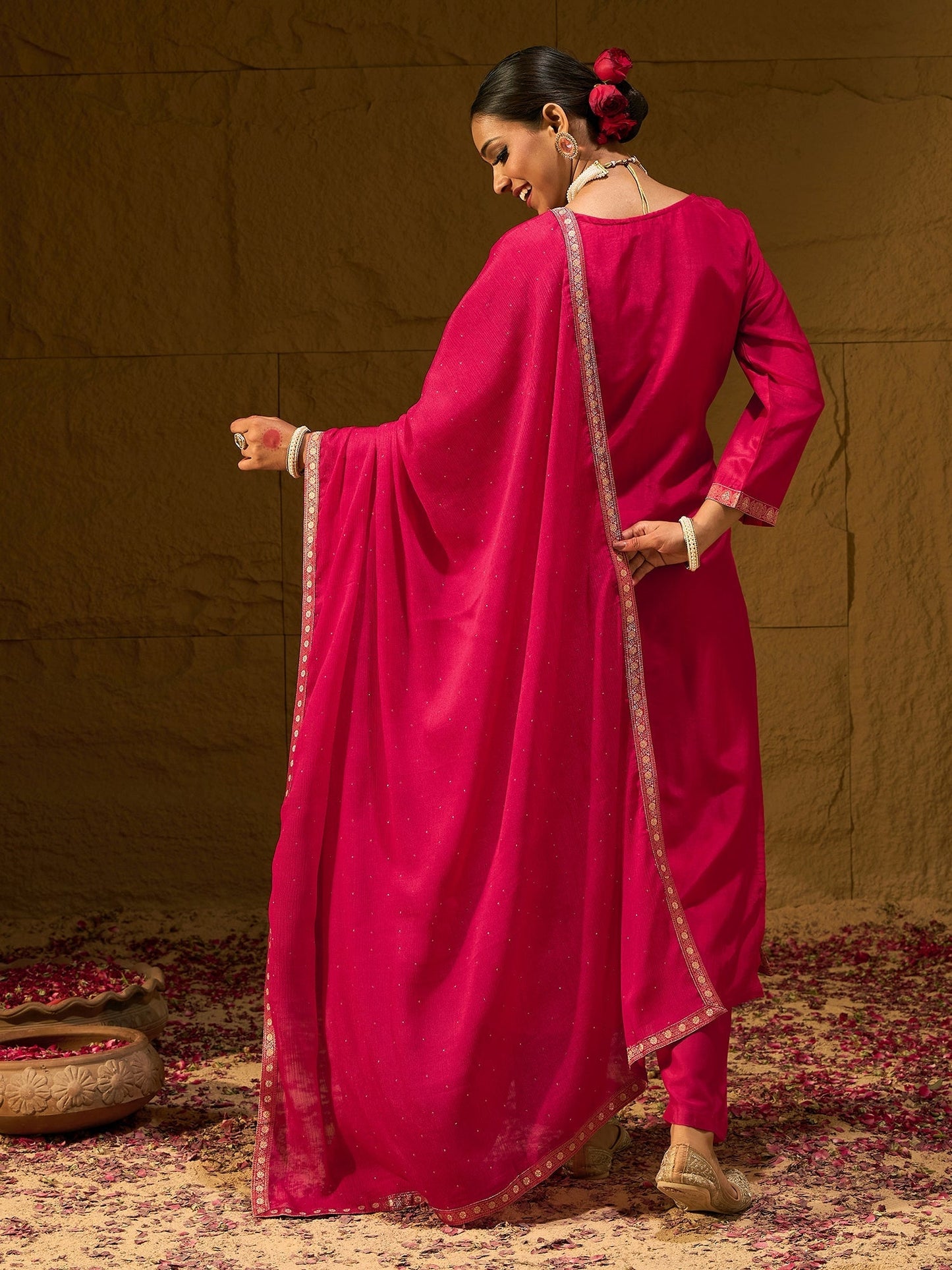 Indo Era Magenta Embroidered Straight Kurta Trousers With Dupatta set