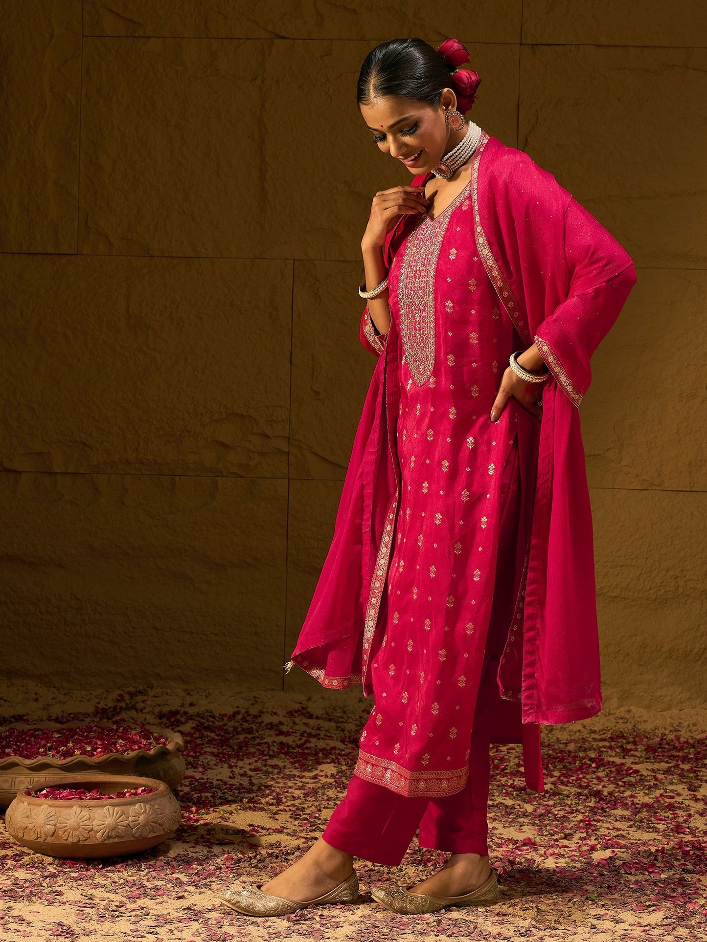 Indo Era Magenta Embroidered Straight Kurta Trousers With Dupatta set