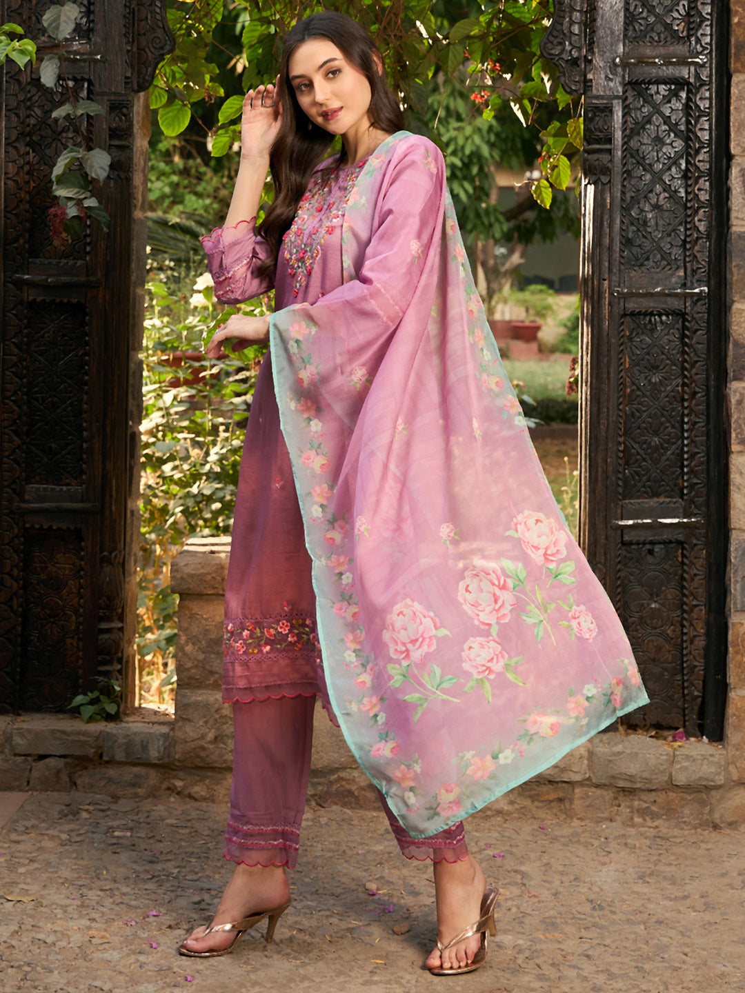 Mauve Embroidered Straight Kurta Trousers With Dupatta Set