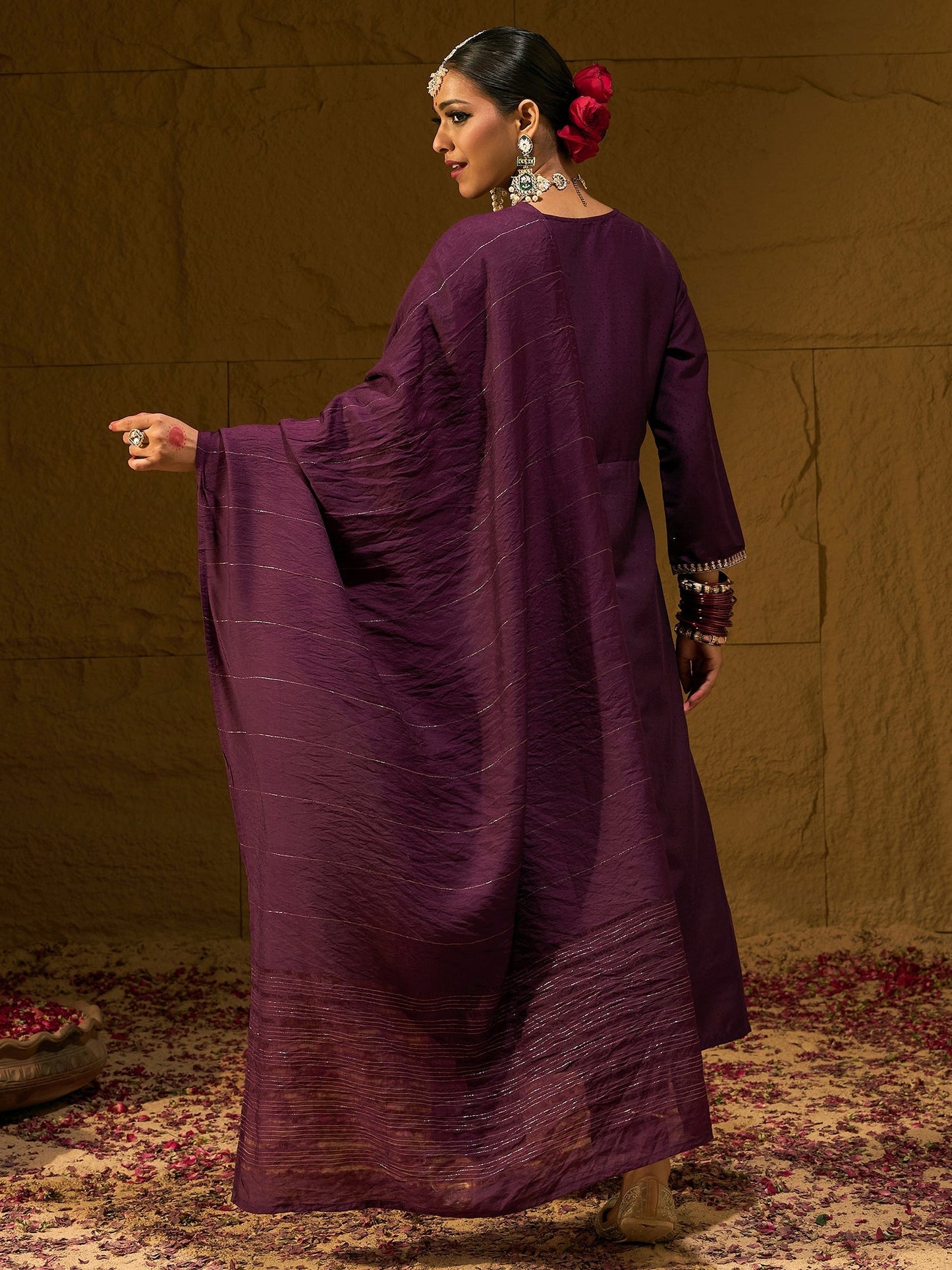 Burgundy Embroidered A-Line Kurta Trousers With Dupatta Set