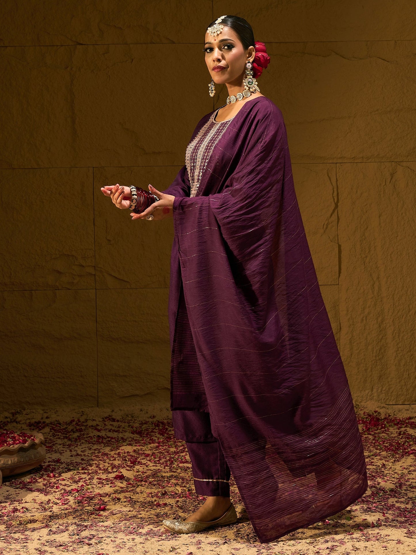Burgundy Embroidered A-Line Kurta Trousers With Dupatta Set
