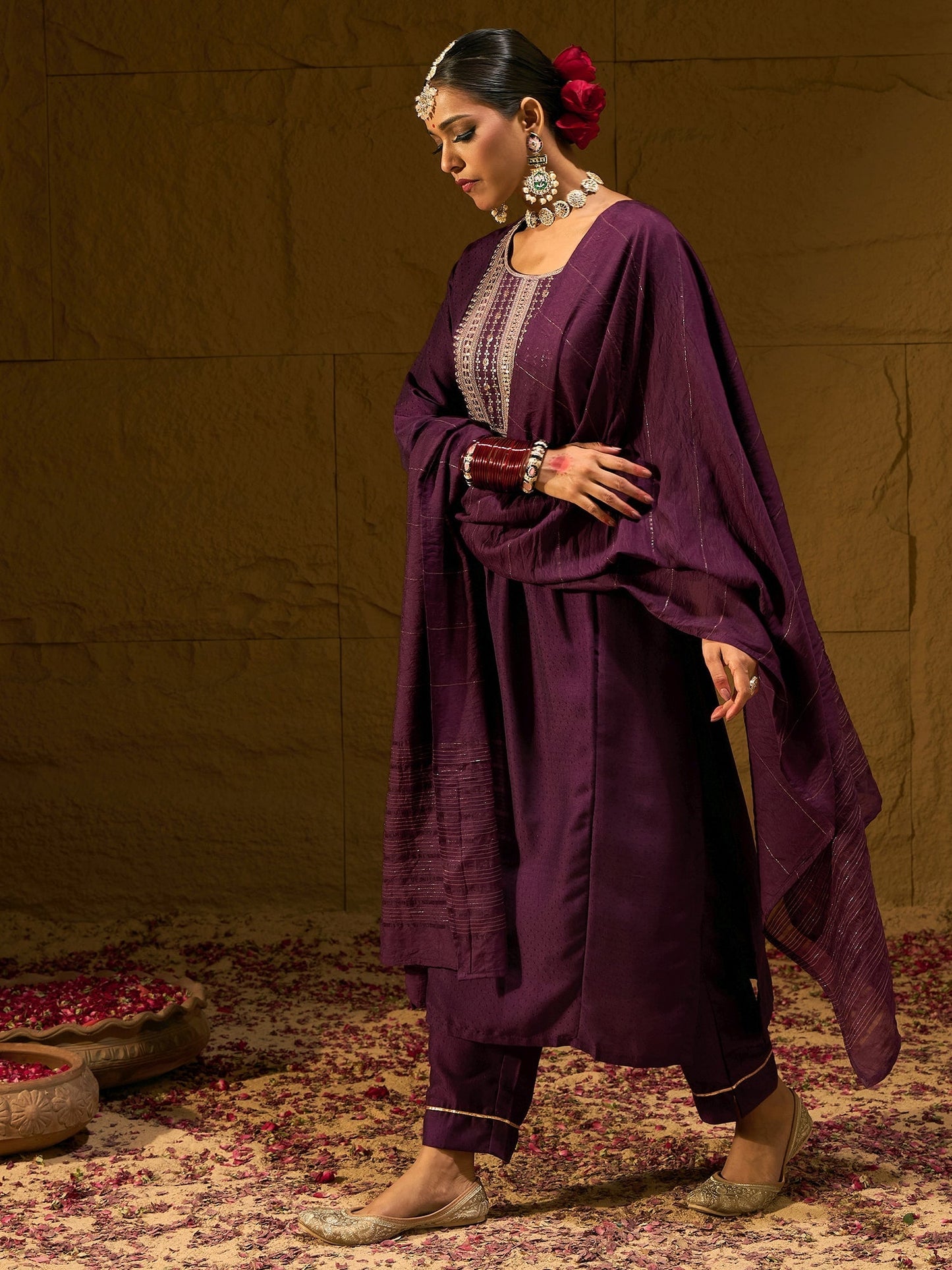 Burgundy Embroidered A-Line Kurta Trousers With Dupatta Set