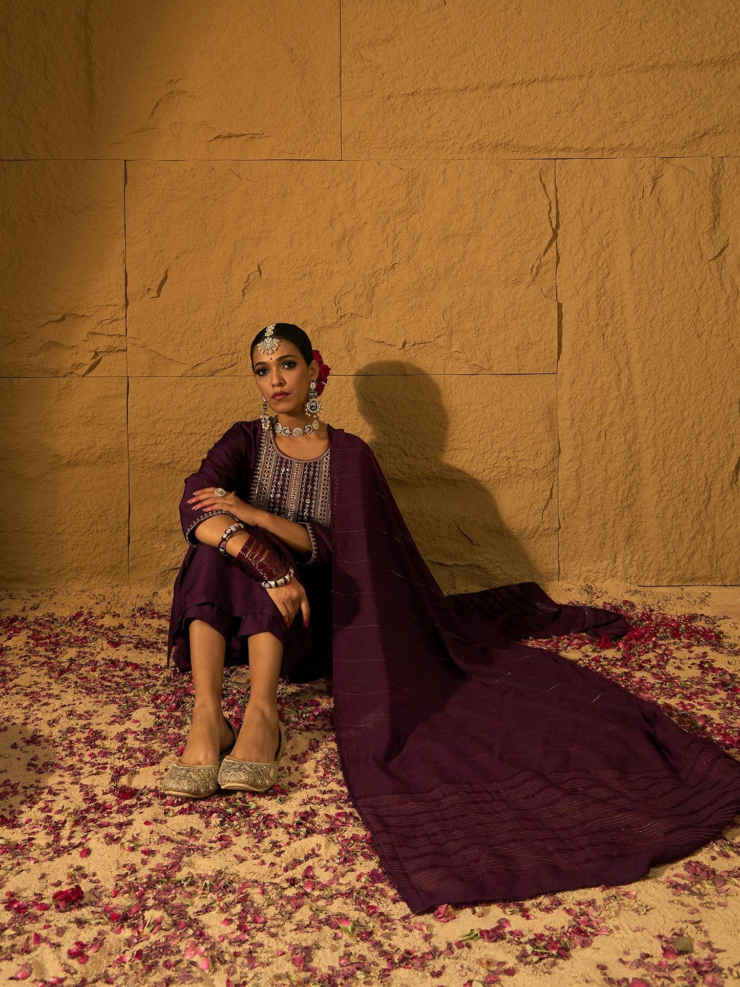 Burgundy Embroidered A-Line Kurta Trousers With Dupatta Set