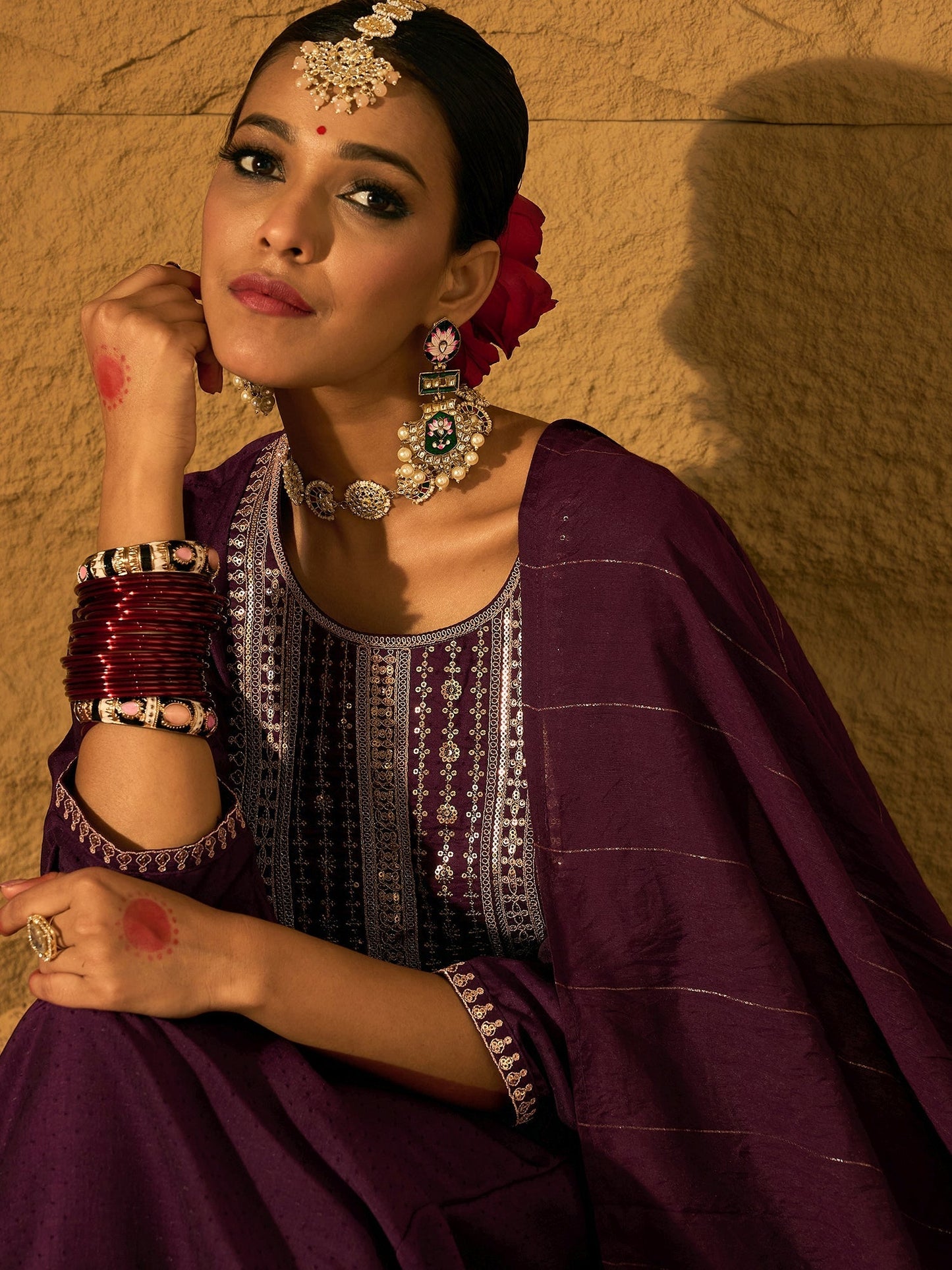Burgundy Embroidered A-Line Kurta Trousers With Dupatta Set