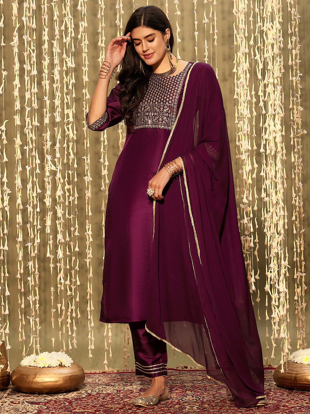 Indo Era Burgundy Embroidered Straight Kurta Trousers With Dupatta Set