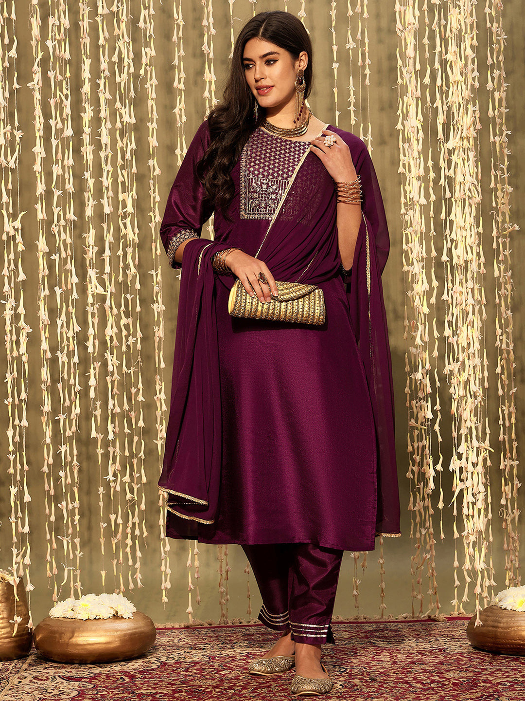 Indo Era Burgundy Embroidered Straight Kurta Trousers With Dupatta Set