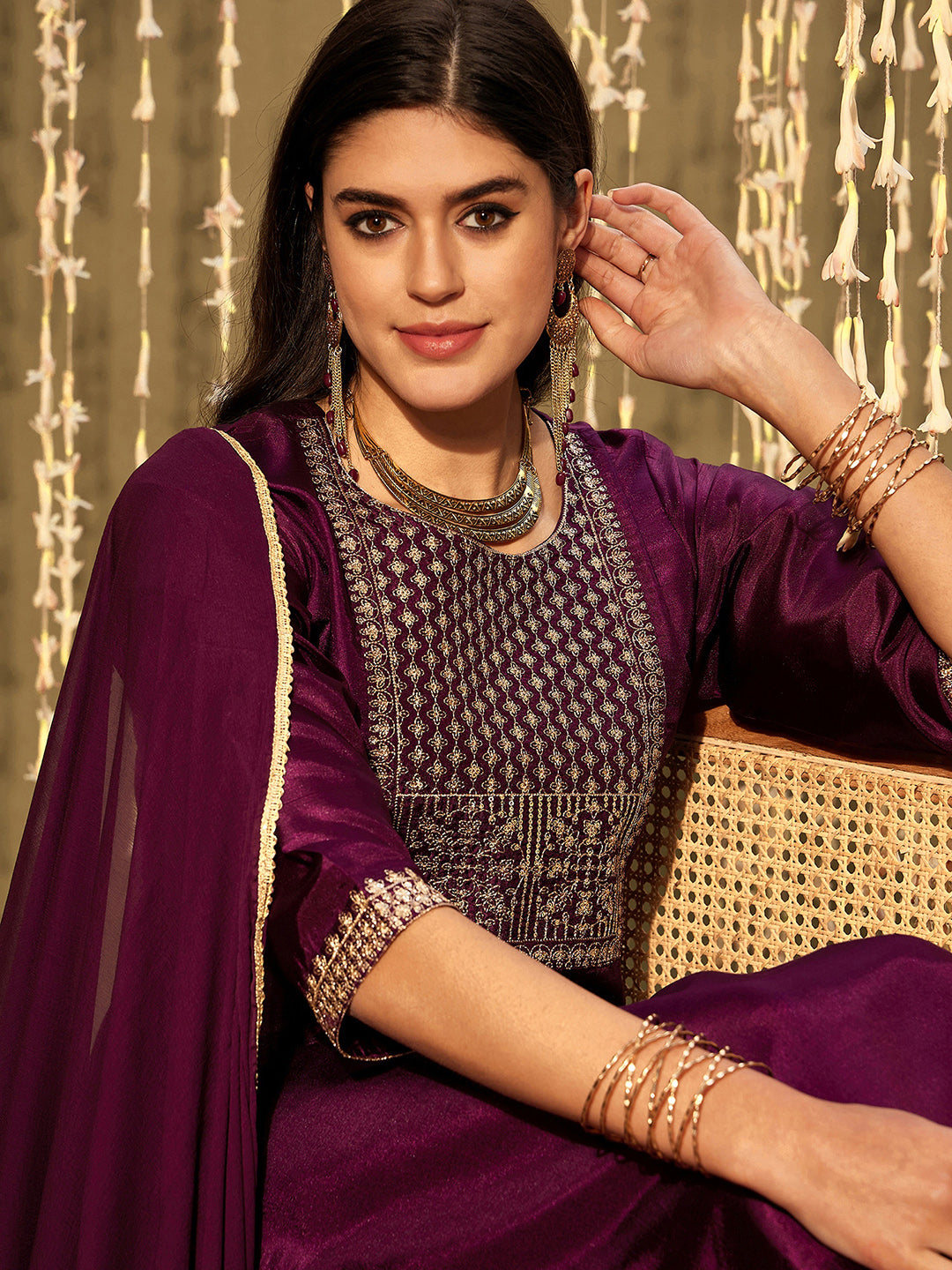 Indo Era Burgundy Embroidered Straight Kurta Trousers With Dupatta Set