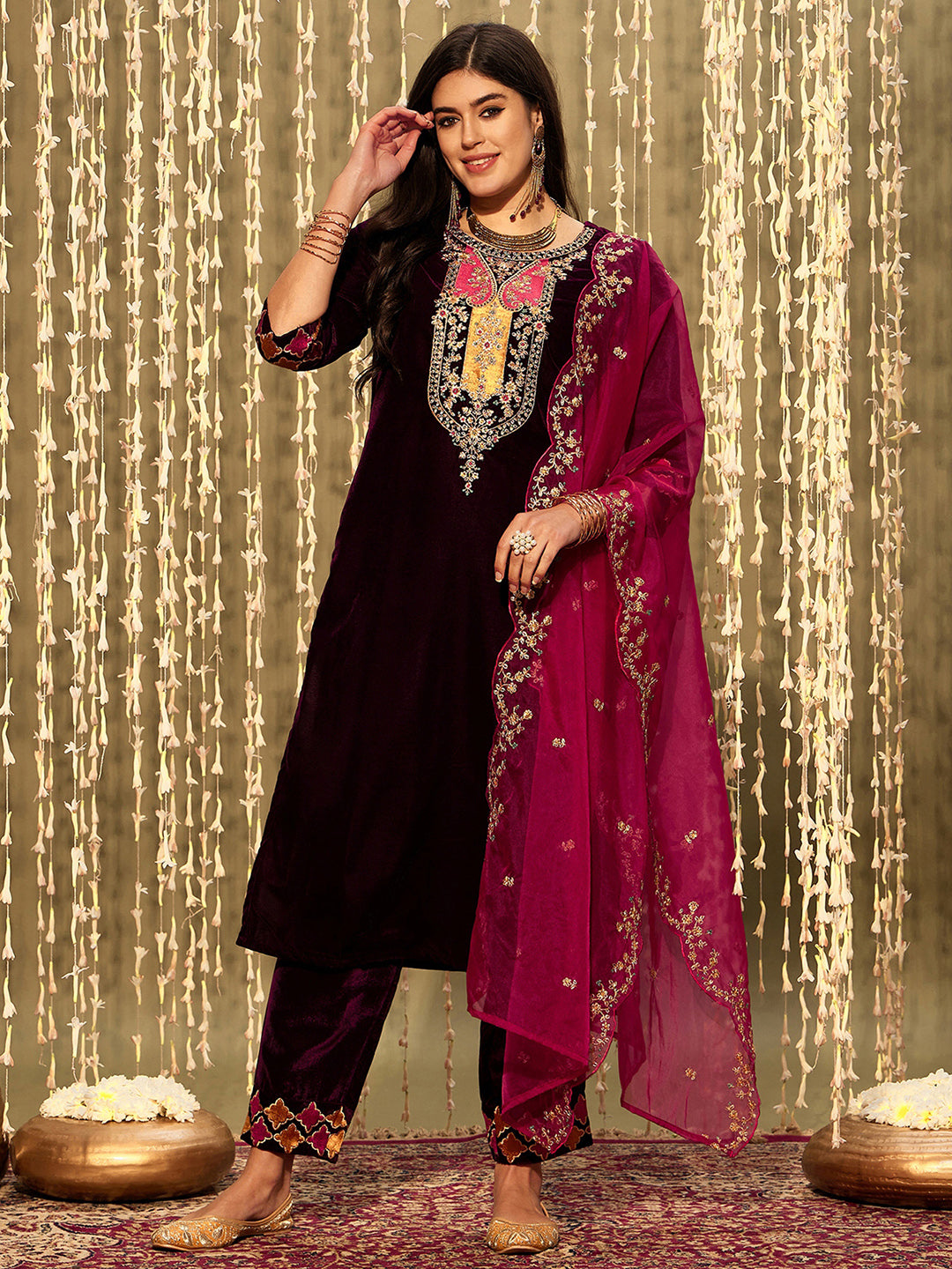 Burgundy Embroidered Straight Kurta Trousers With Dupatta set
