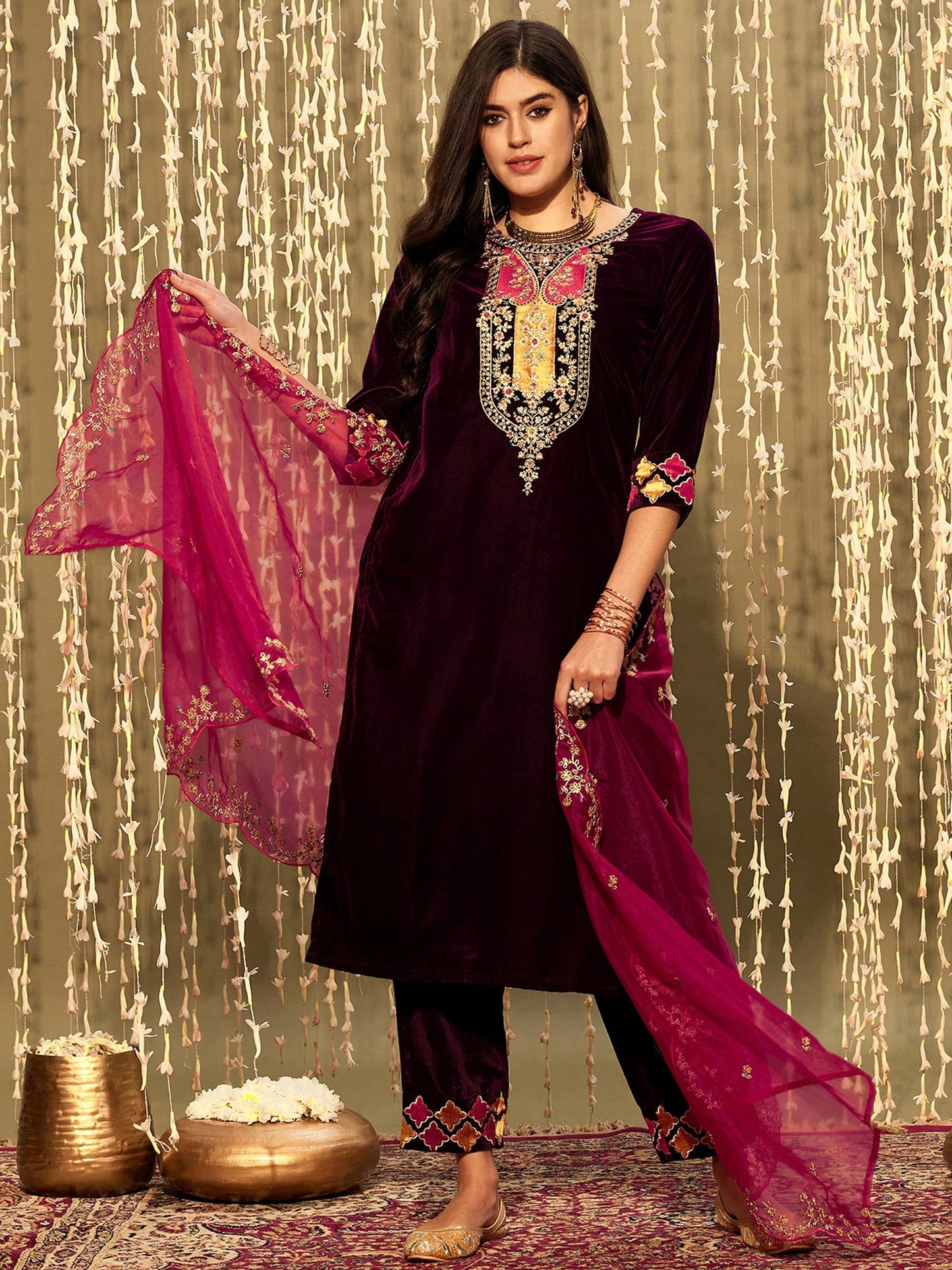 Burgundy Embroidered Straight Kurta Trousers With Dupatta set