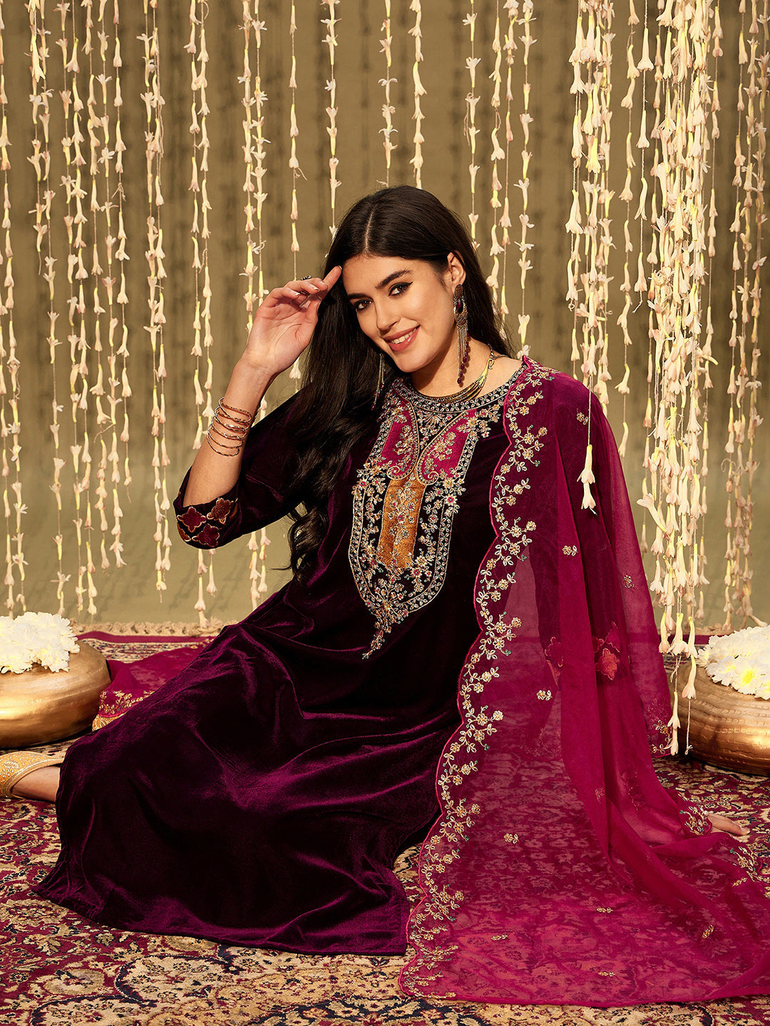 Burgundy Embroidered Straight Kurta Trousers With Dupatta set