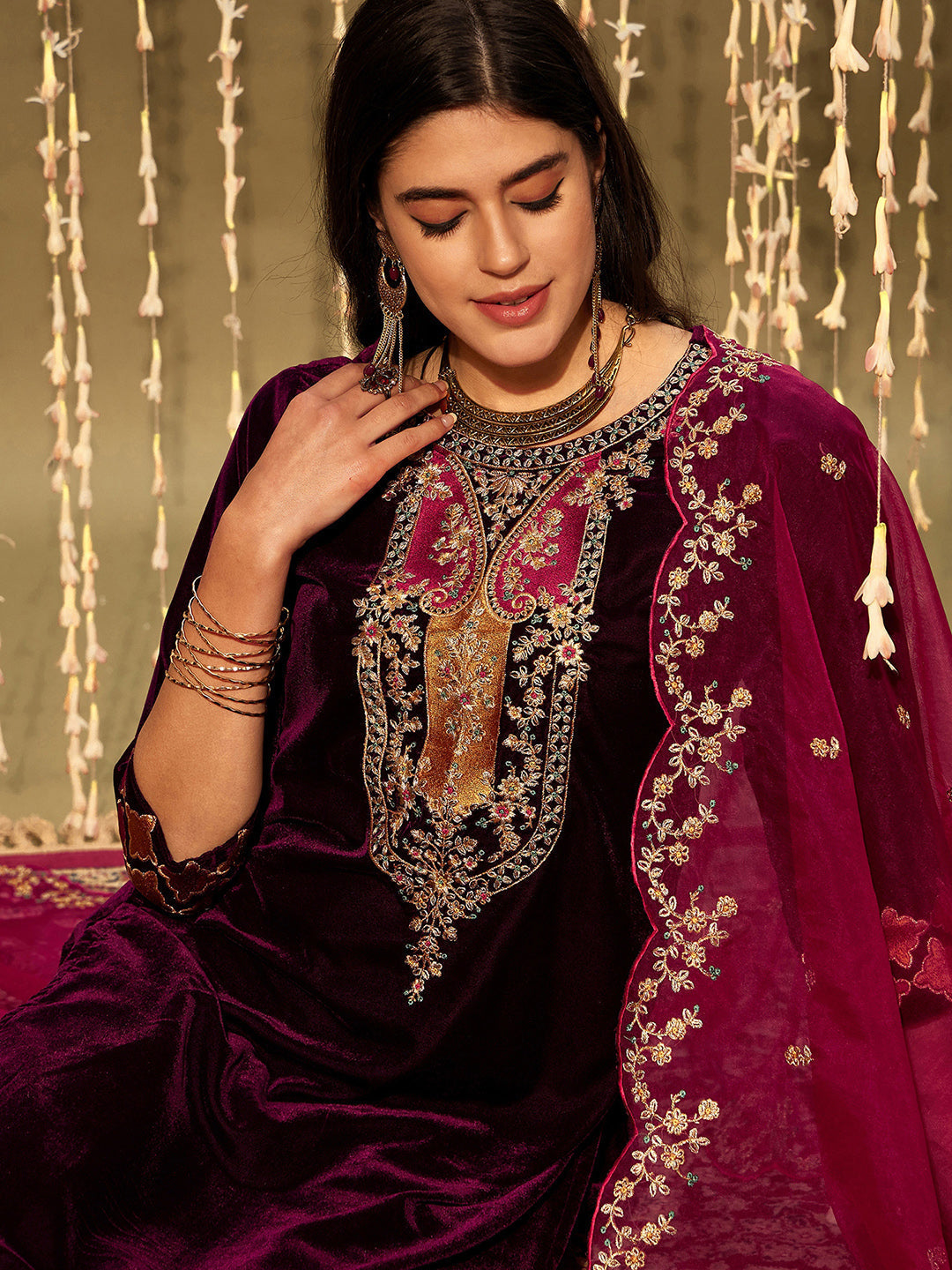 Burgundy Embroidered Straight Kurta Trousers With Dupatta set