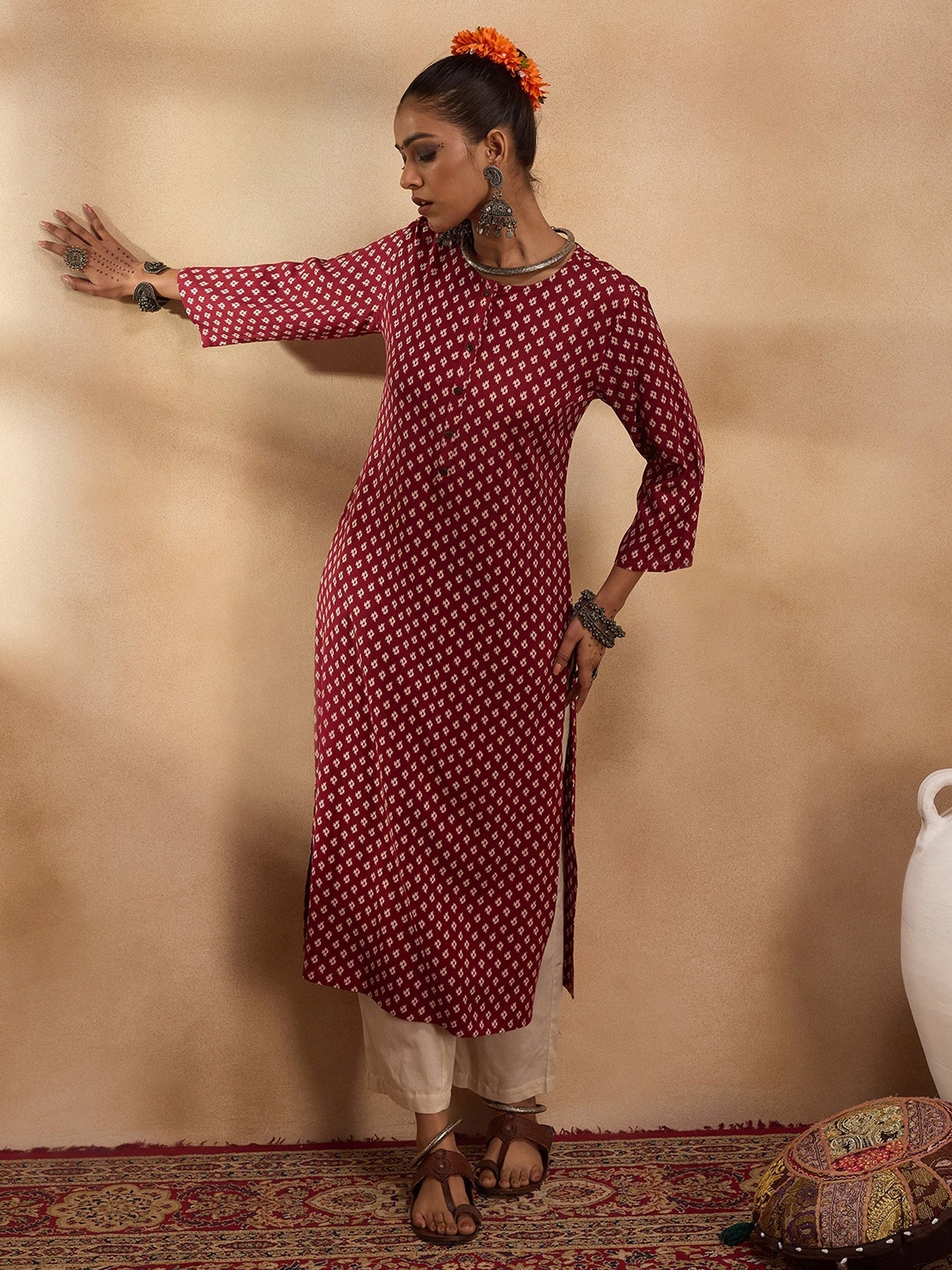 Maroon Printed Straight Kurtas