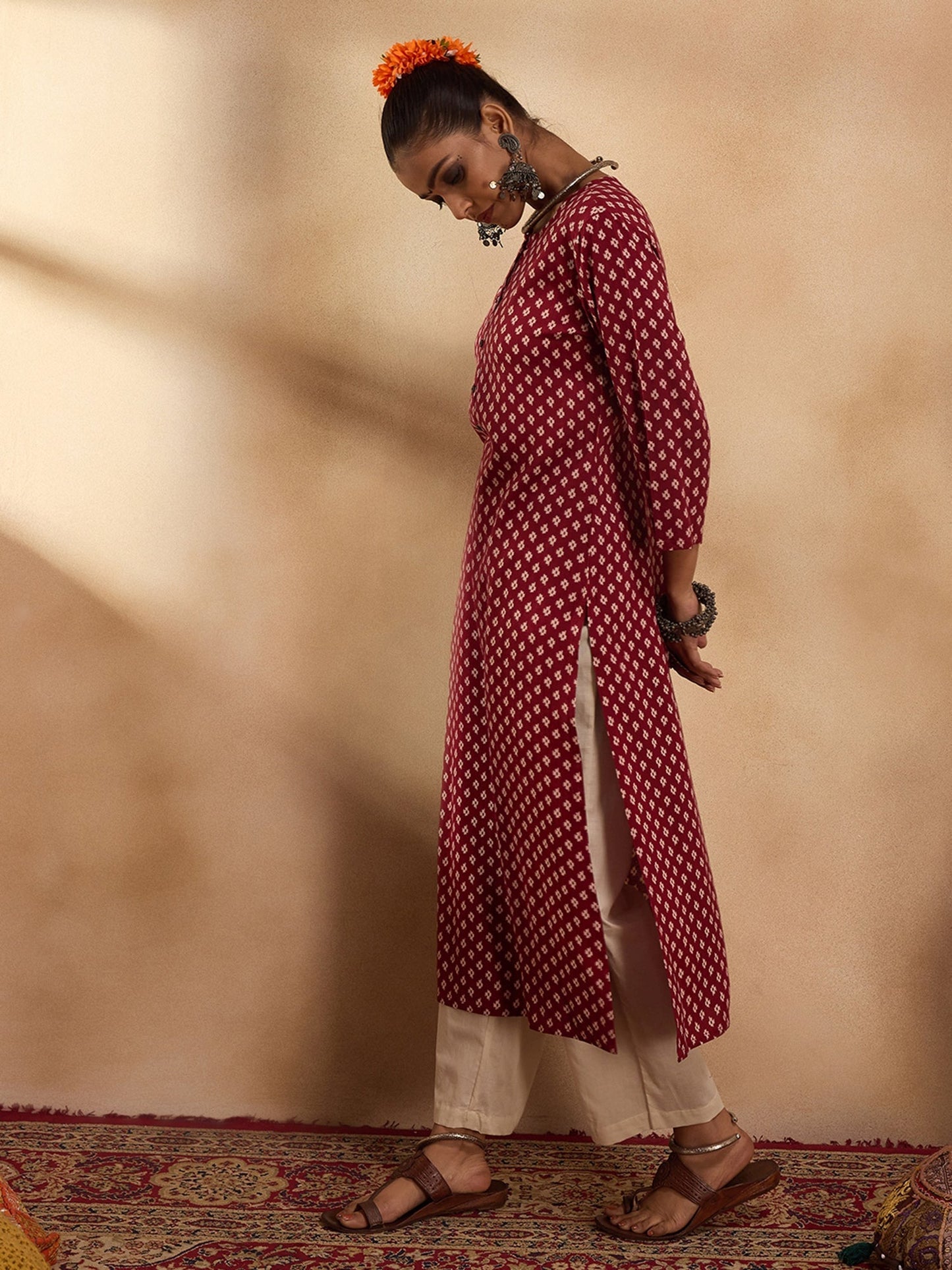 Maroon Printed Straight Kurtas