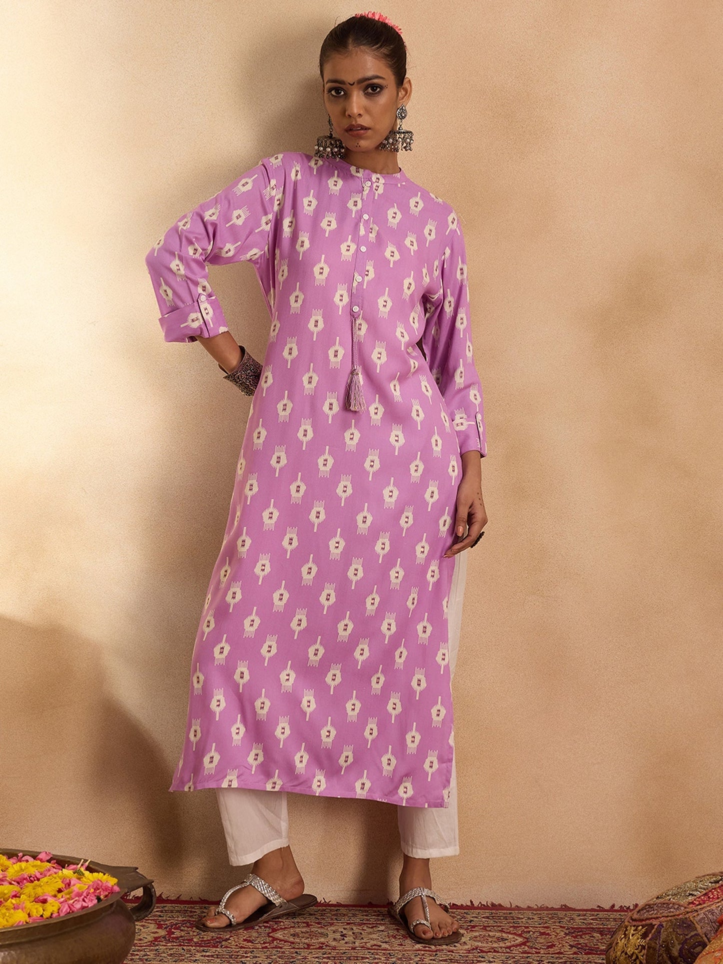 Indo Era Lavender Printed Straight Kurtas