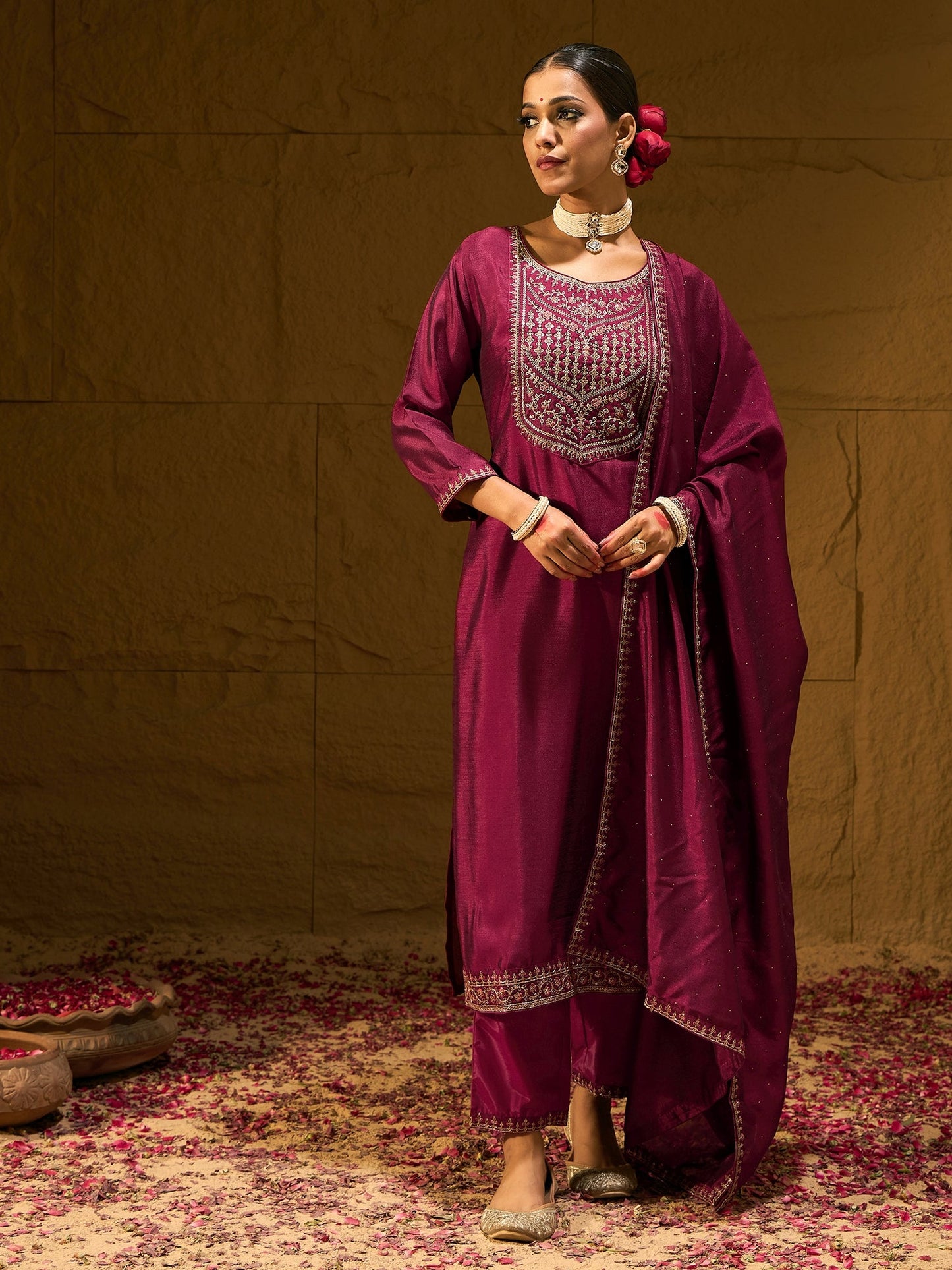 Maroon Embroidered Straight Kurta Trousers With Dupatta set