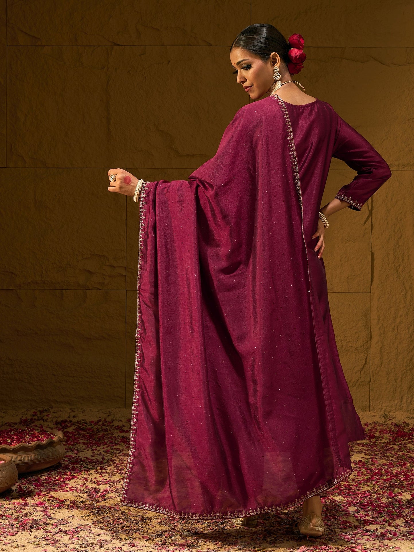 Maroon Embroidered Straight Kurta Trousers With Dupatta set