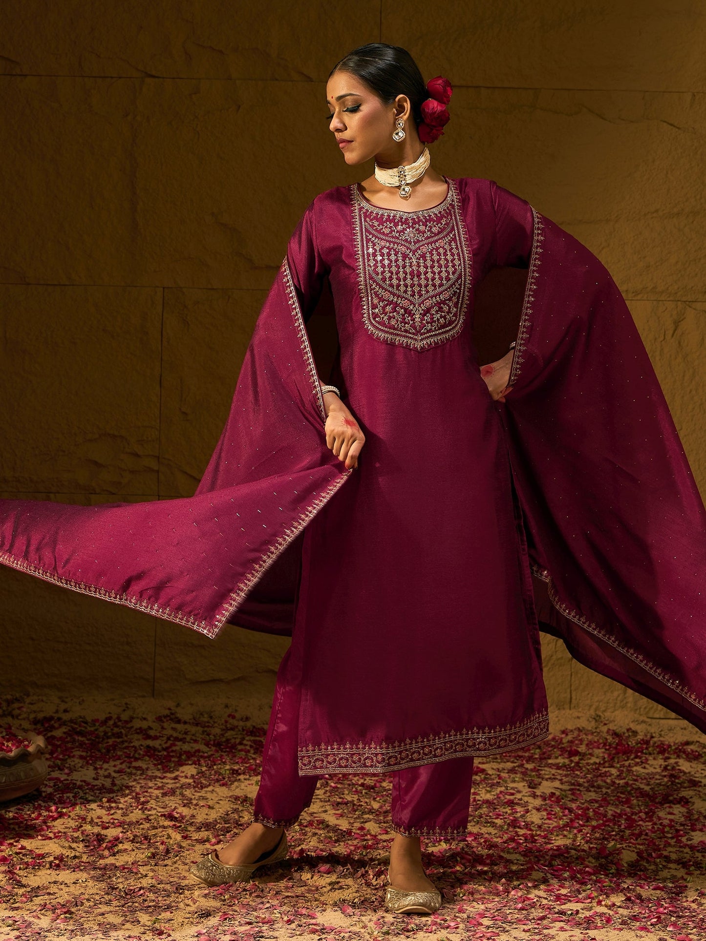 Maroon Embroidered Straight Kurta Trousers With Dupatta set