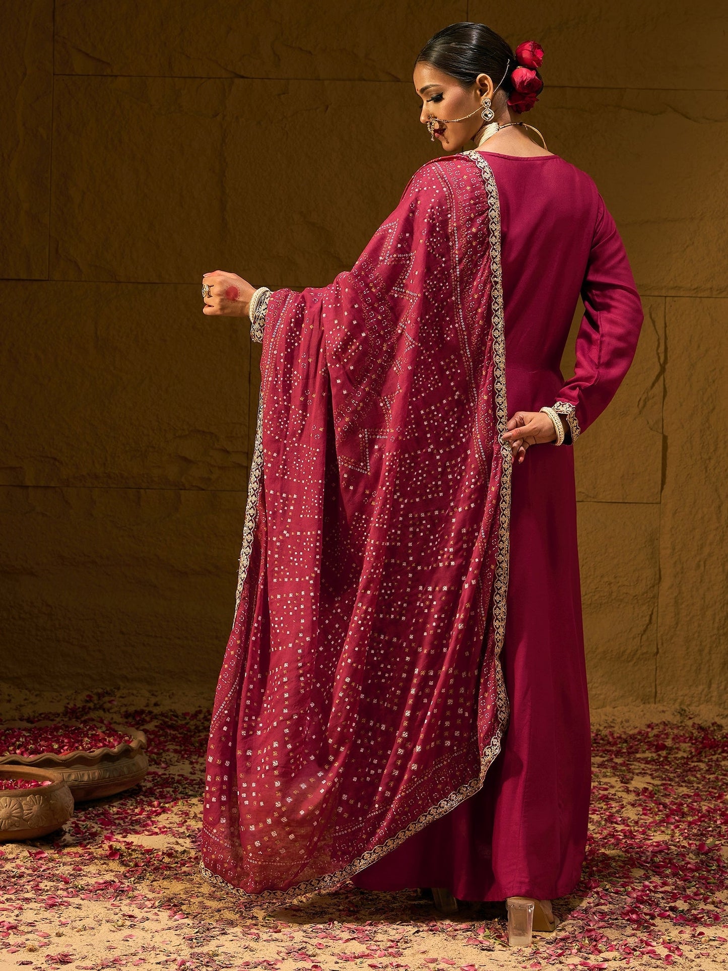 Indo Era Maroon Embroidered Anarkali Kurta Trousers With Dupatta set