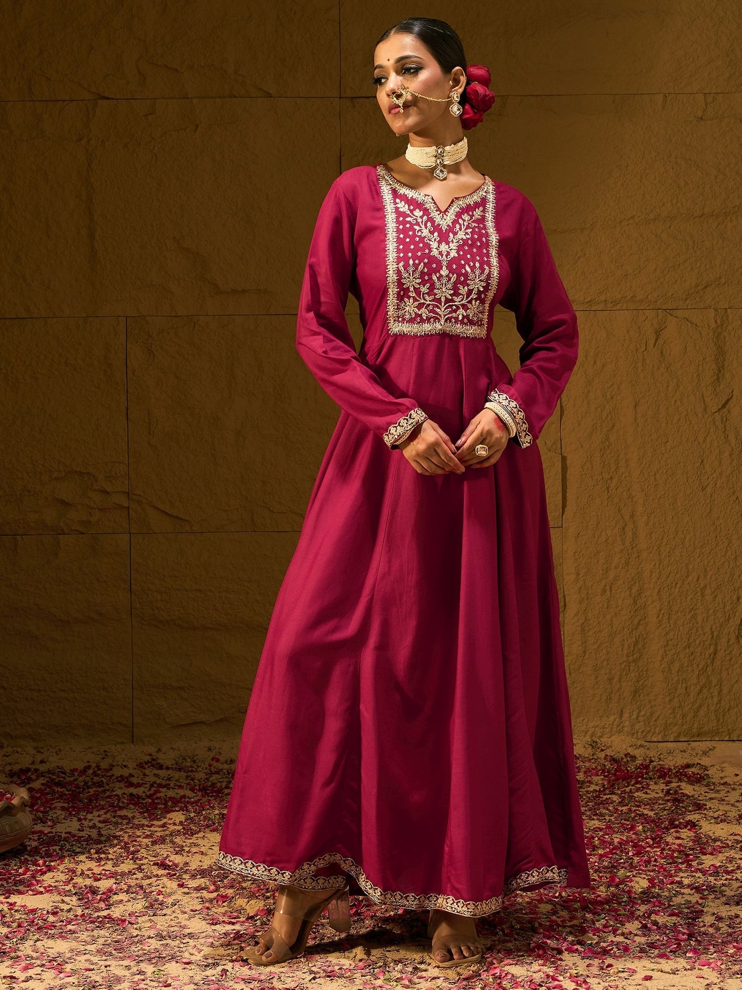 Indo Era Maroon Embroidered Anarkali Kurta Trousers With Dupatta set