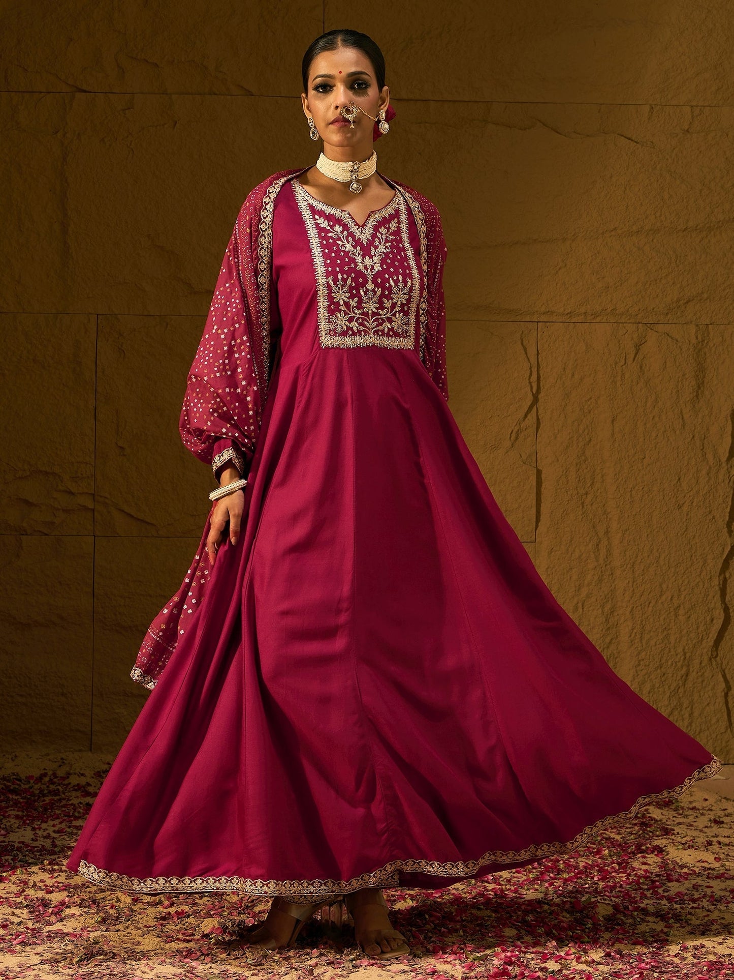 Indo Era Maroon Embroidered Anarkali Kurta Trousers With Dupatta set