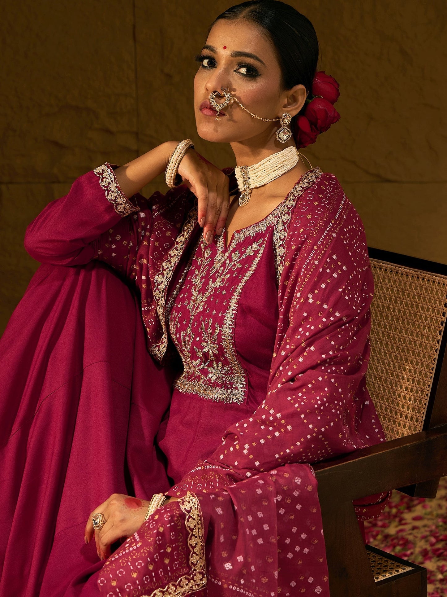 Indo Era Maroon Embroidered Anarkali Kurta Trousers With Dupatta set