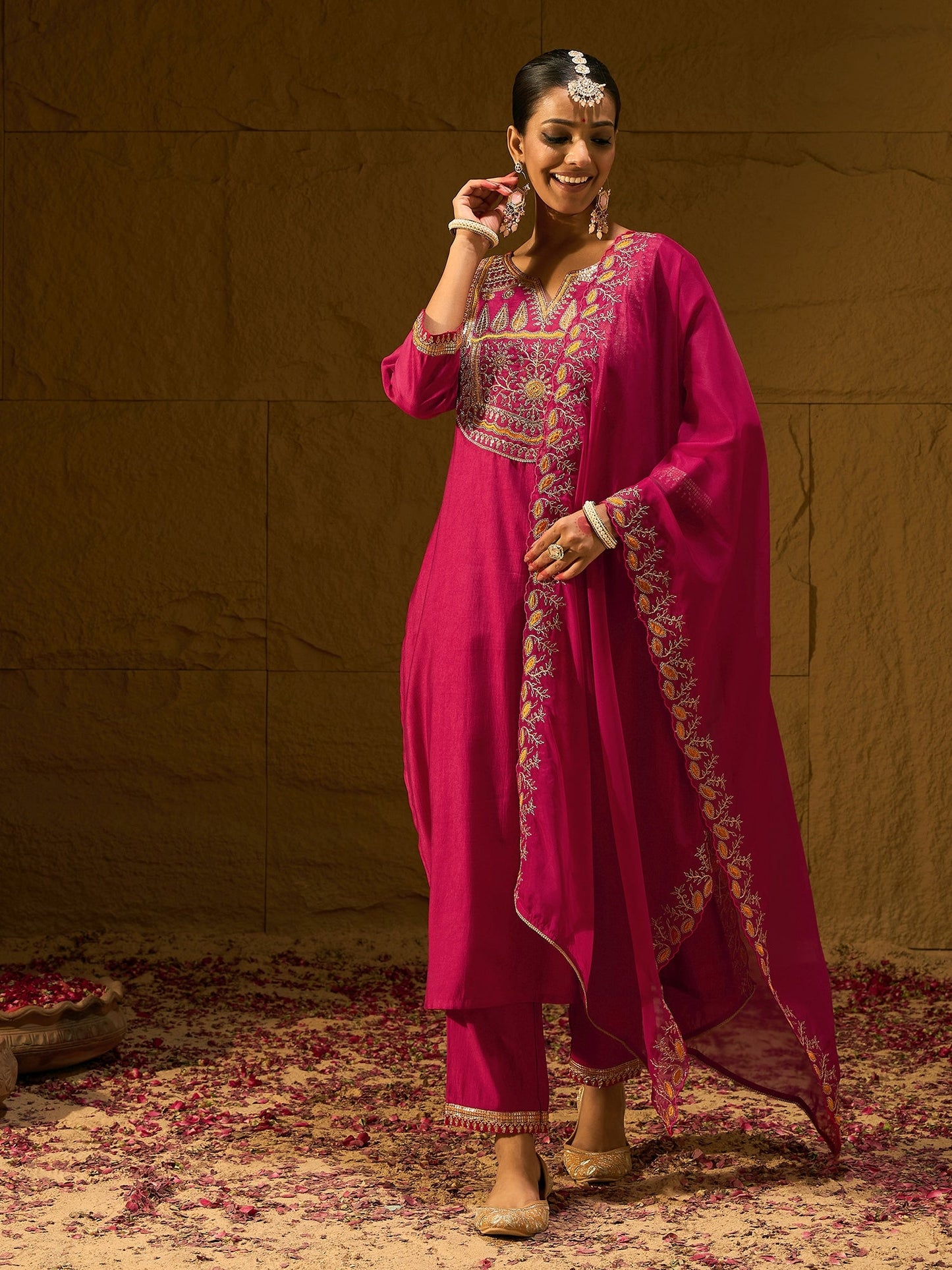 Magenta Embroidered Straight Kurta Trousers With Dupatta set
