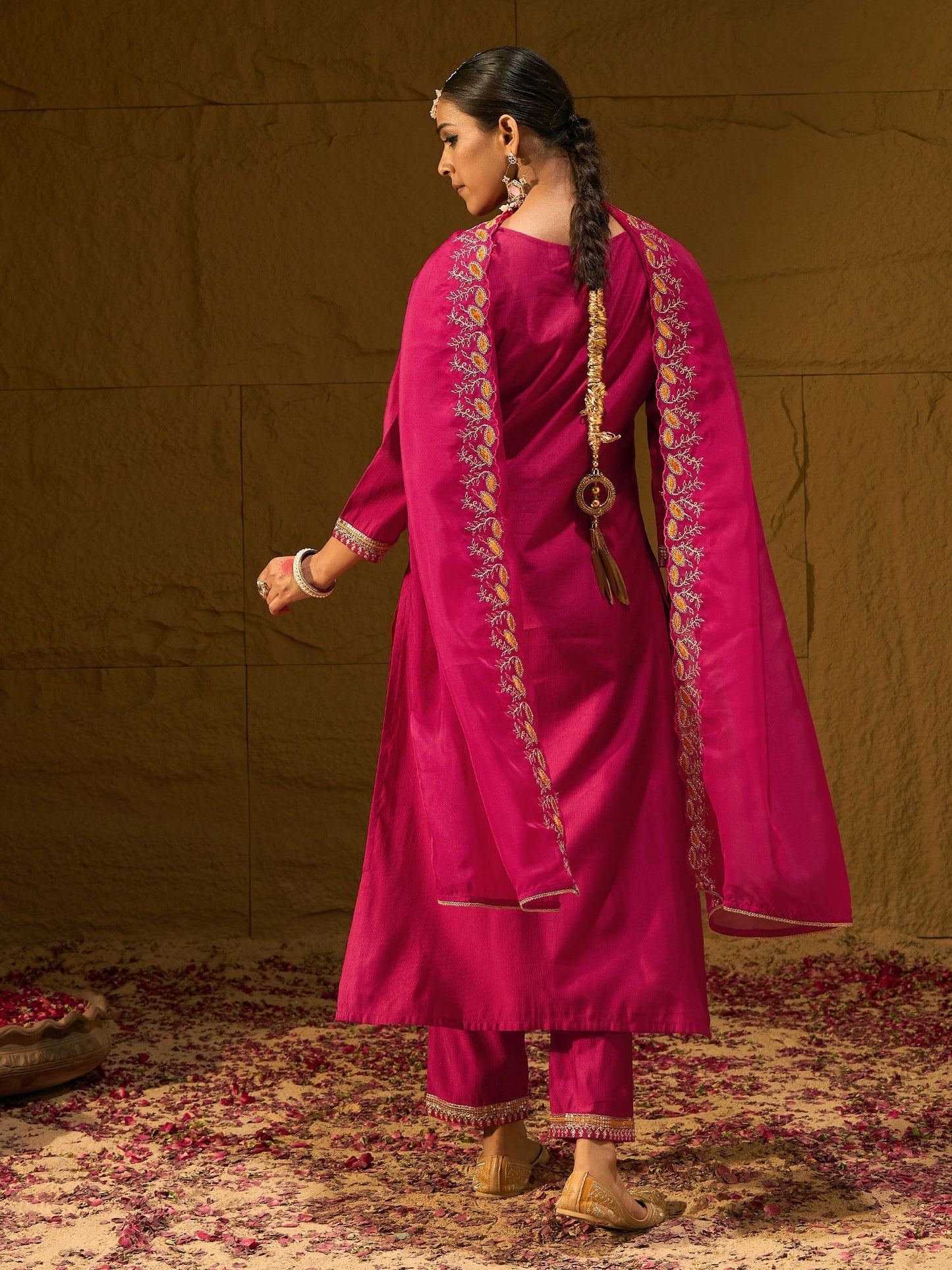 Magenta Embroidered Straight Kurta Trousers With Dupatta set