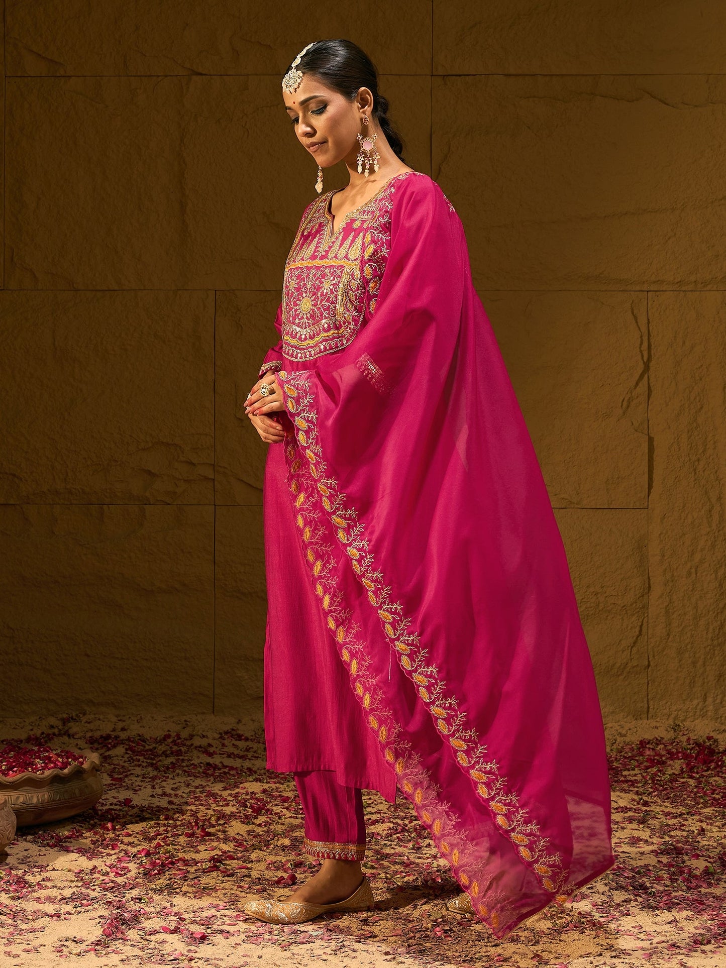 Magenta Embroidered Straight Kurta Trousers With Dupatta set