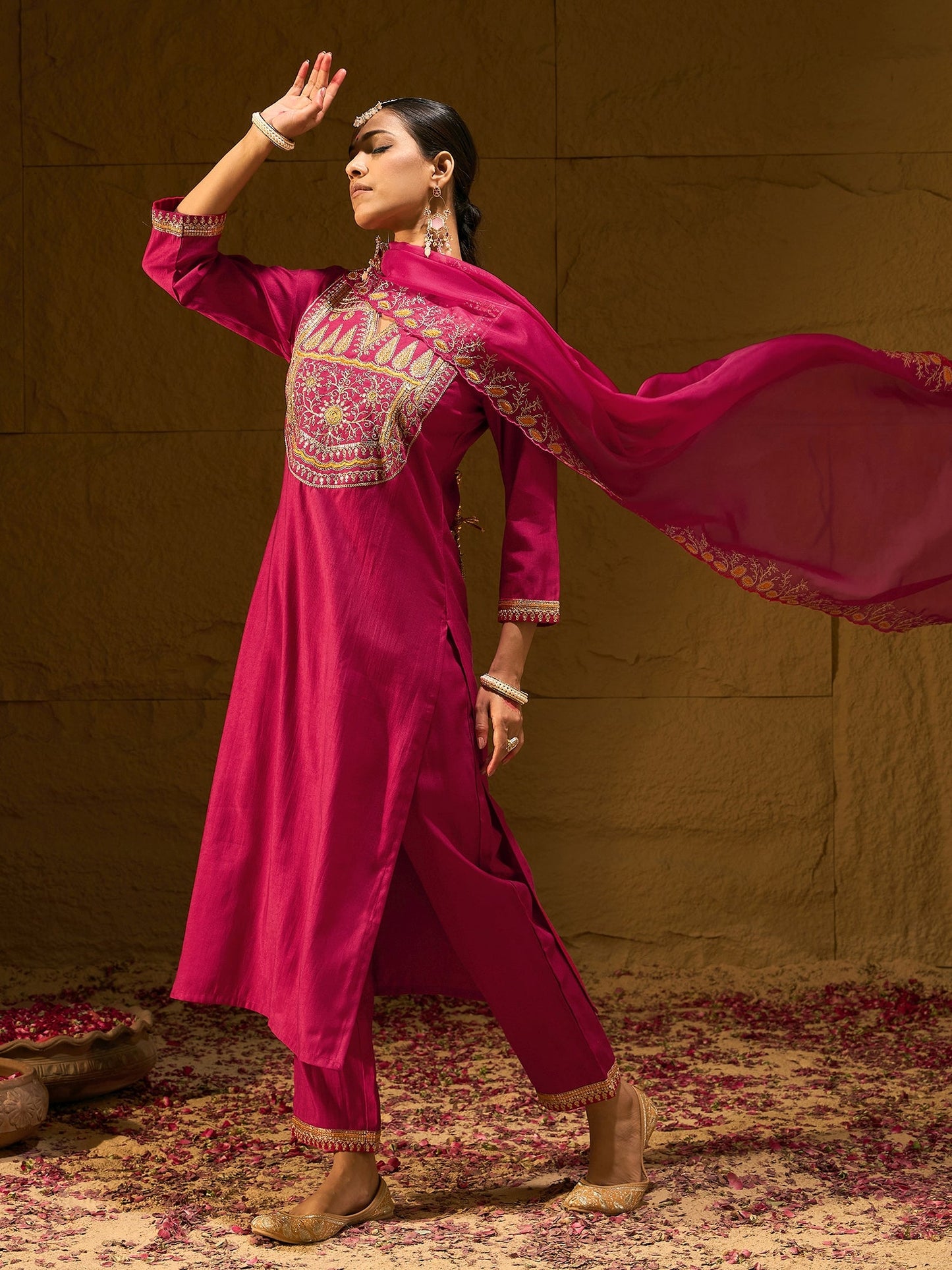 Magenta Embroidered Straight Kurta Trousers With Dupatta set