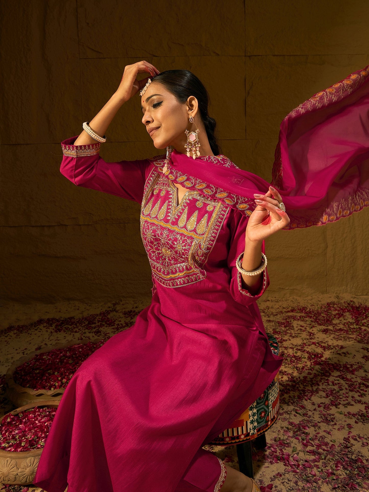 Magenta Embroidered Straight Kurta Trousers With Dupatta set