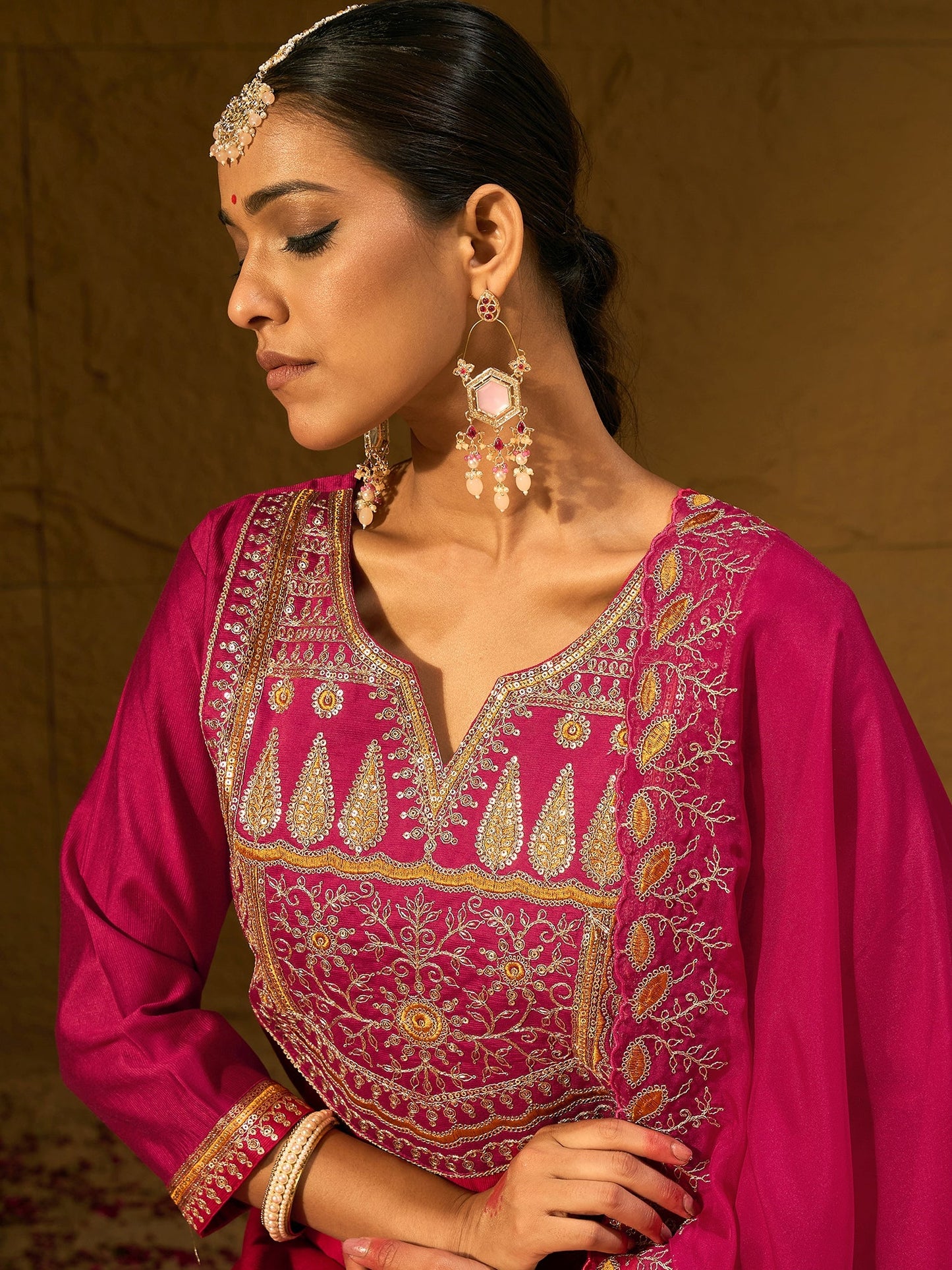 Magenta Embroidered Straight Kurta Trousers With Dupatta set