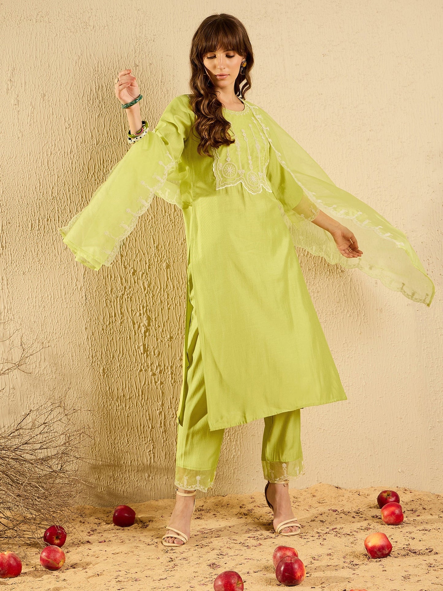Indo Era Green Embroidered Straight Kurta Trousers With Dupatta set