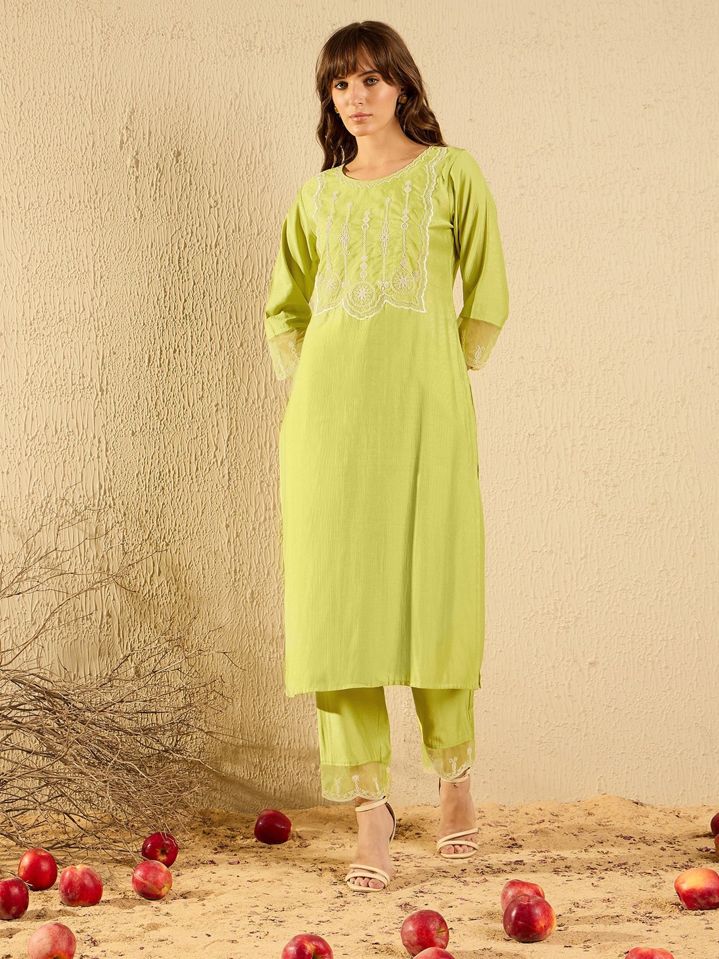 Indo Era Green Embroidered Straight Kurta Trousers With Dupatta set