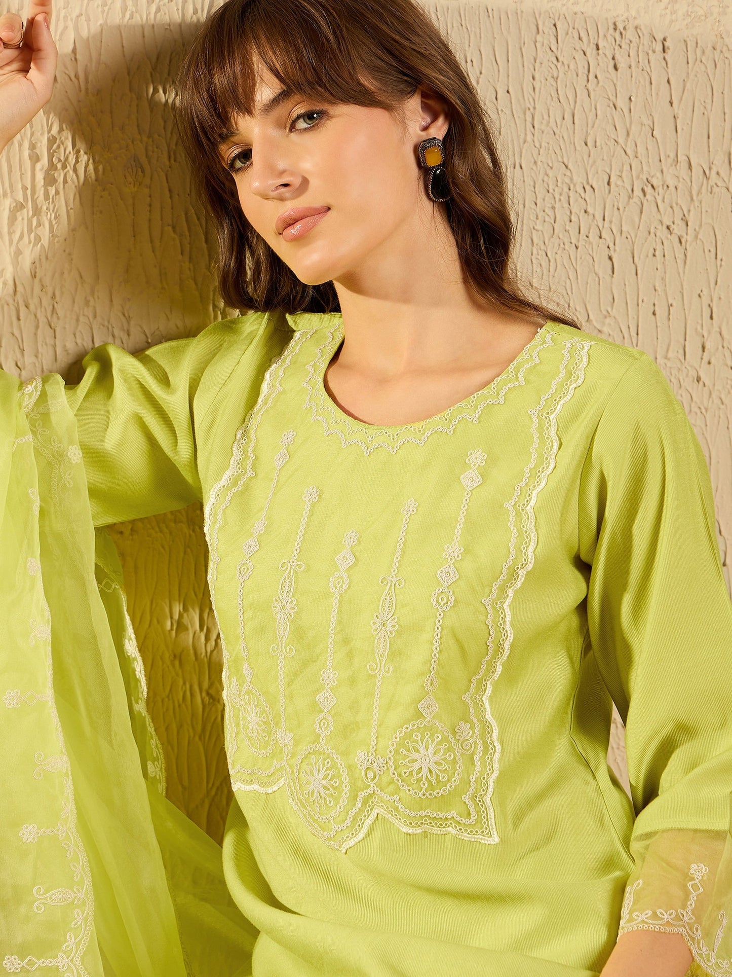 Indo Era Green Embroidered Straight Kurta Trousers With Dupatta set