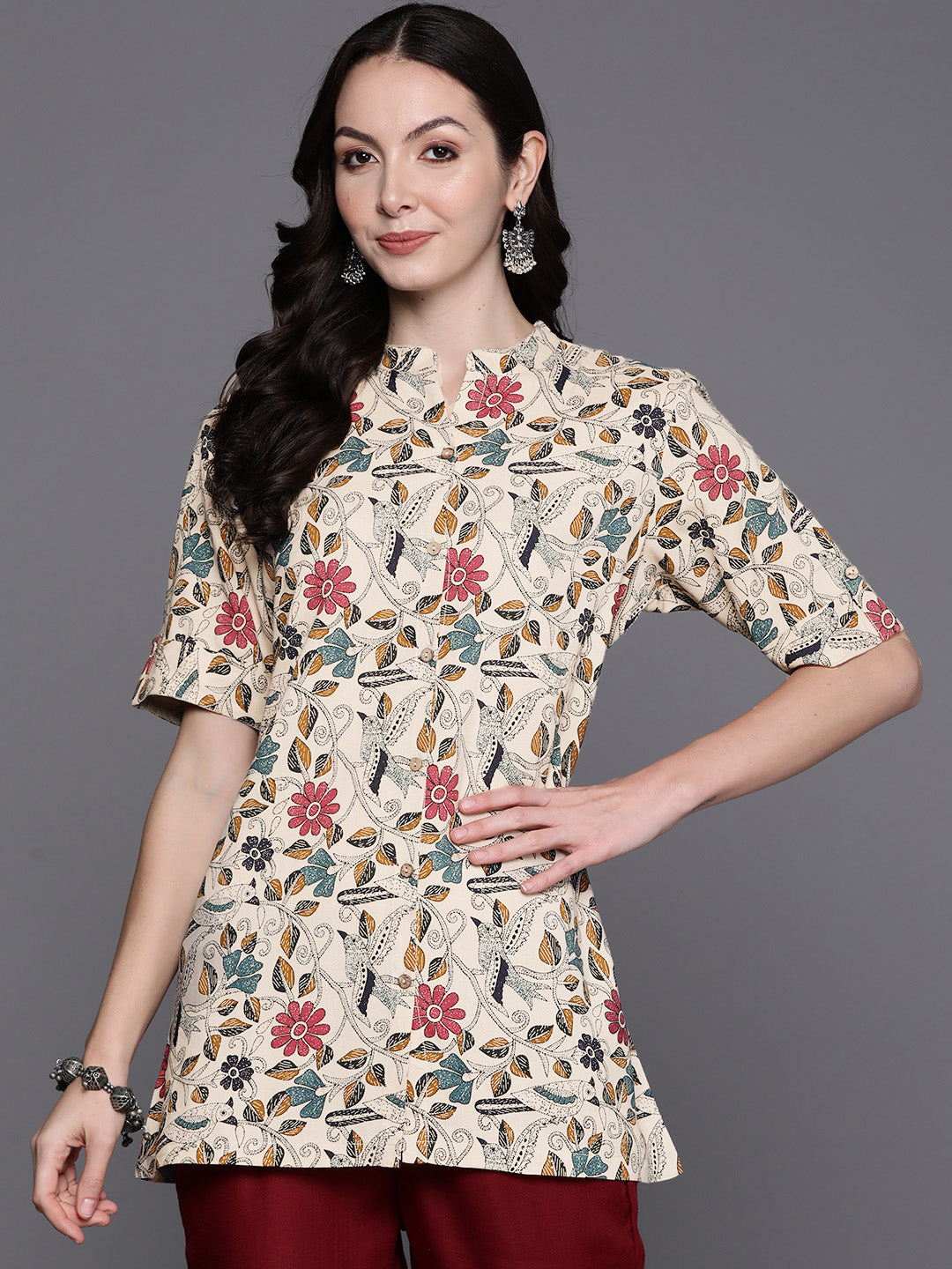 Indo Era Beige Tropical Print Shirt Style Longline Top