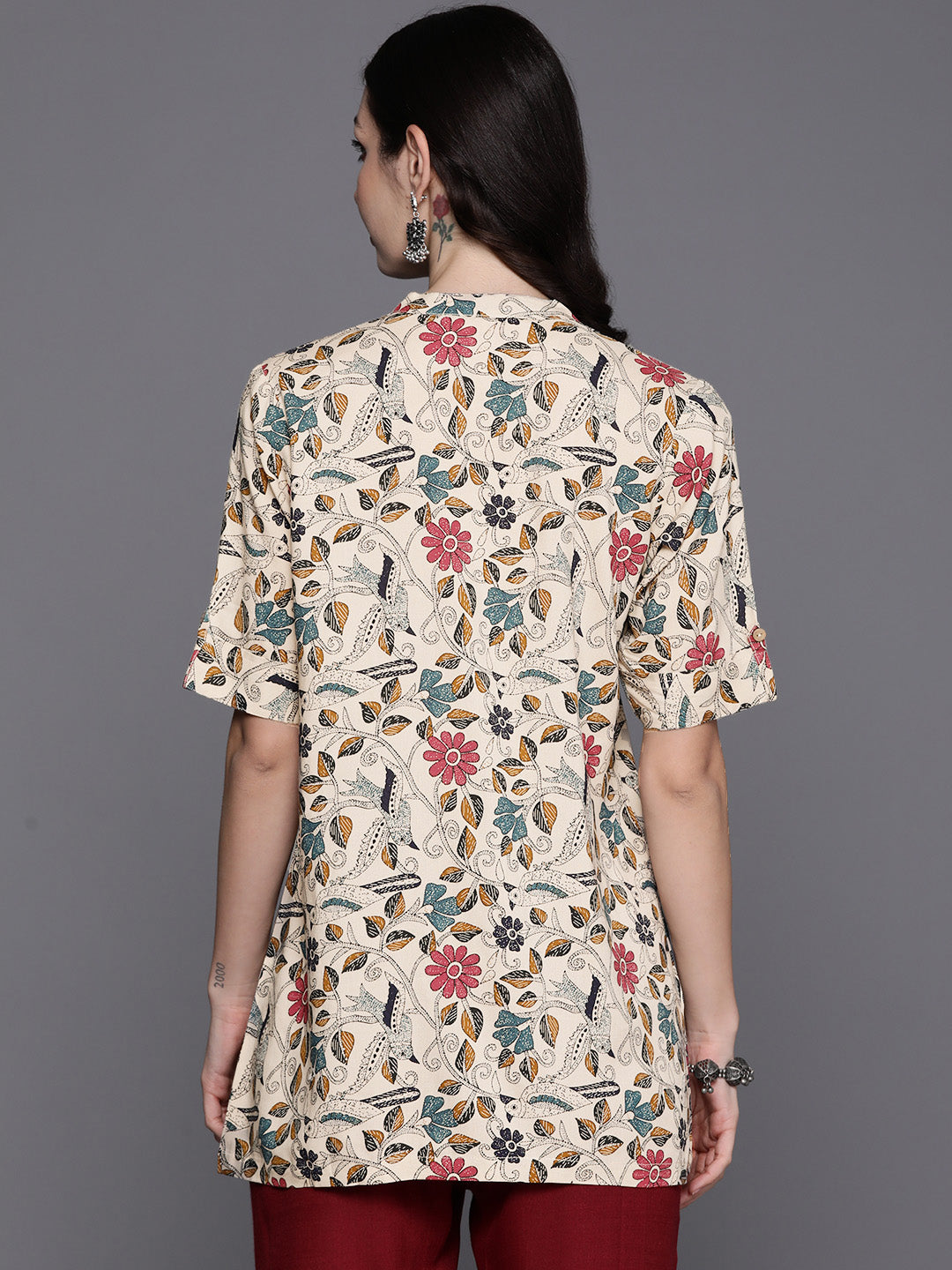 Indo Era Beige Tropical Print Shirt Style Longline Top