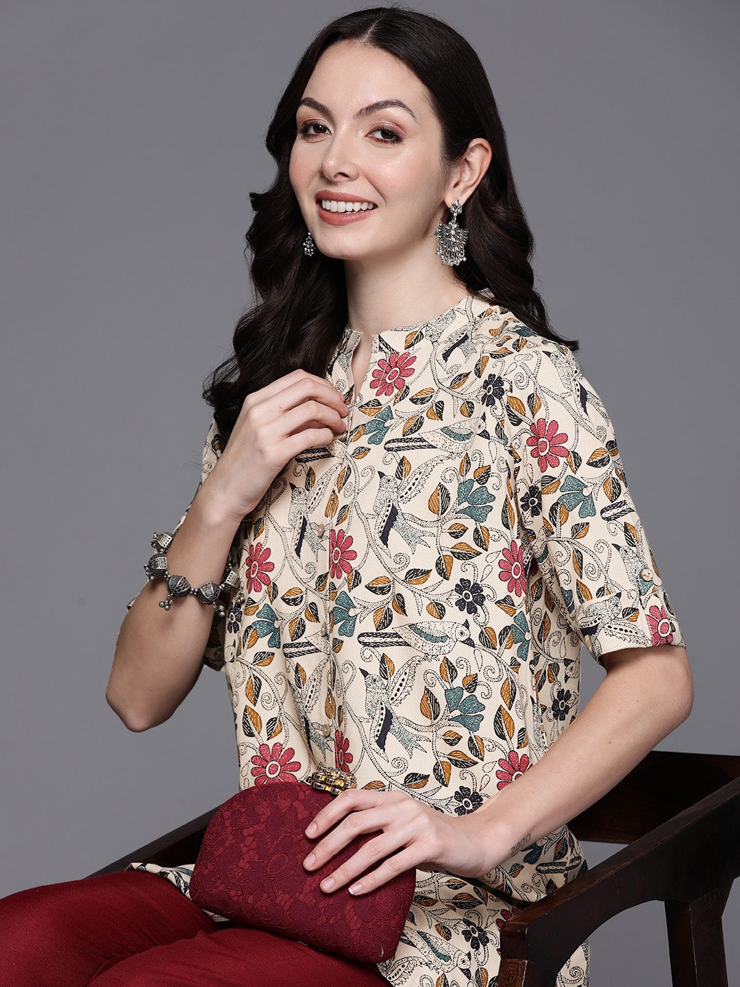Indo Era Beige Tropical Print Shirt Style Longline Top