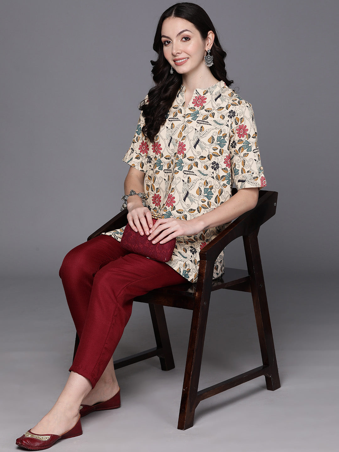 Indo Era Beige Tropical Print Shirt Style Longline Top