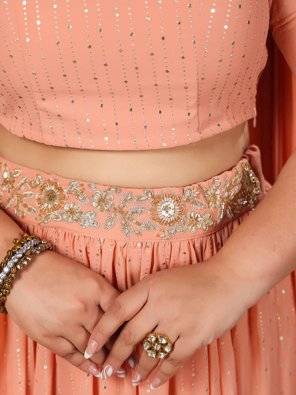 Plus Size Peach Georgette Foil Printed Gathered Lehenga Choli Set