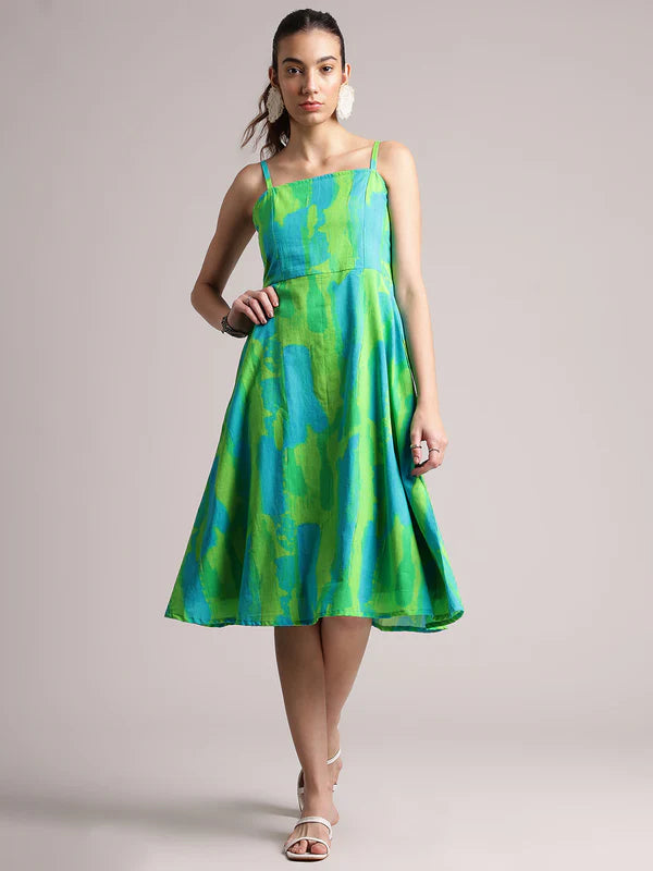 Lime Cotton Abstract A-Line Dress