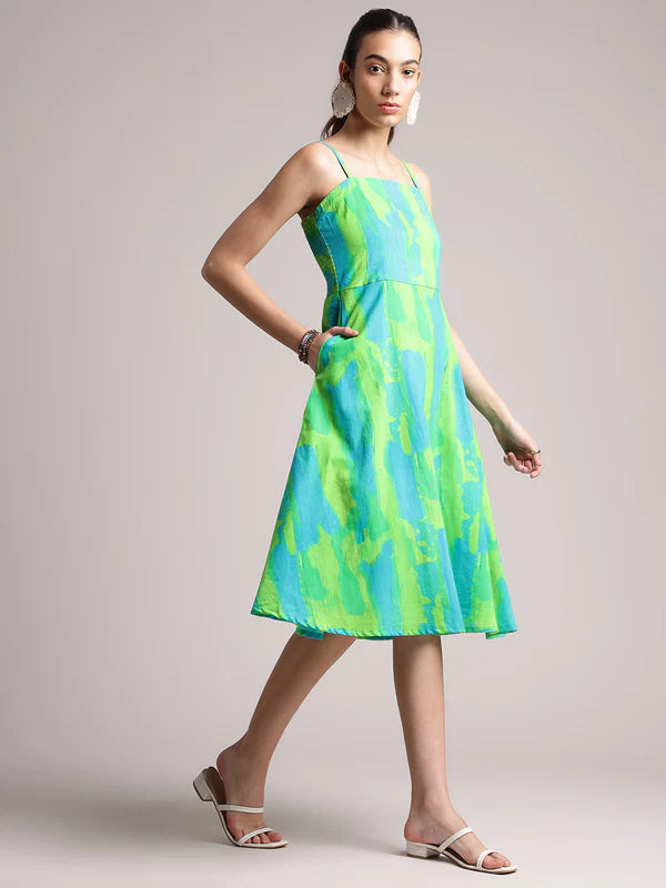 Lime Cotton Abstract A-Line Dress