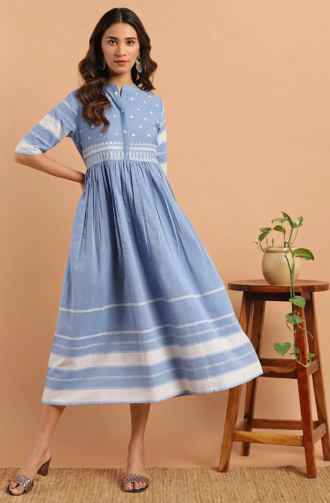 Women's Blue Cotton Floral Flared Western Dress My Store