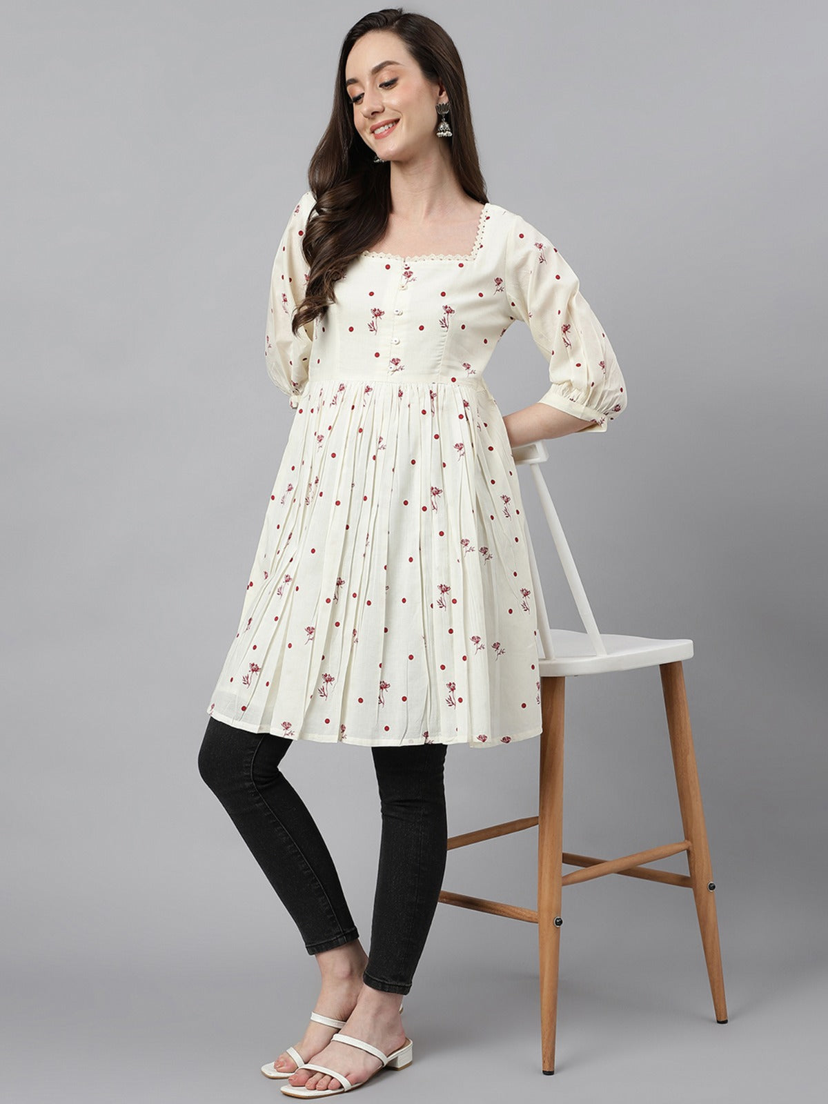 Women's Off White Cambric Cotton Botanical Print Flared Tunic My Store