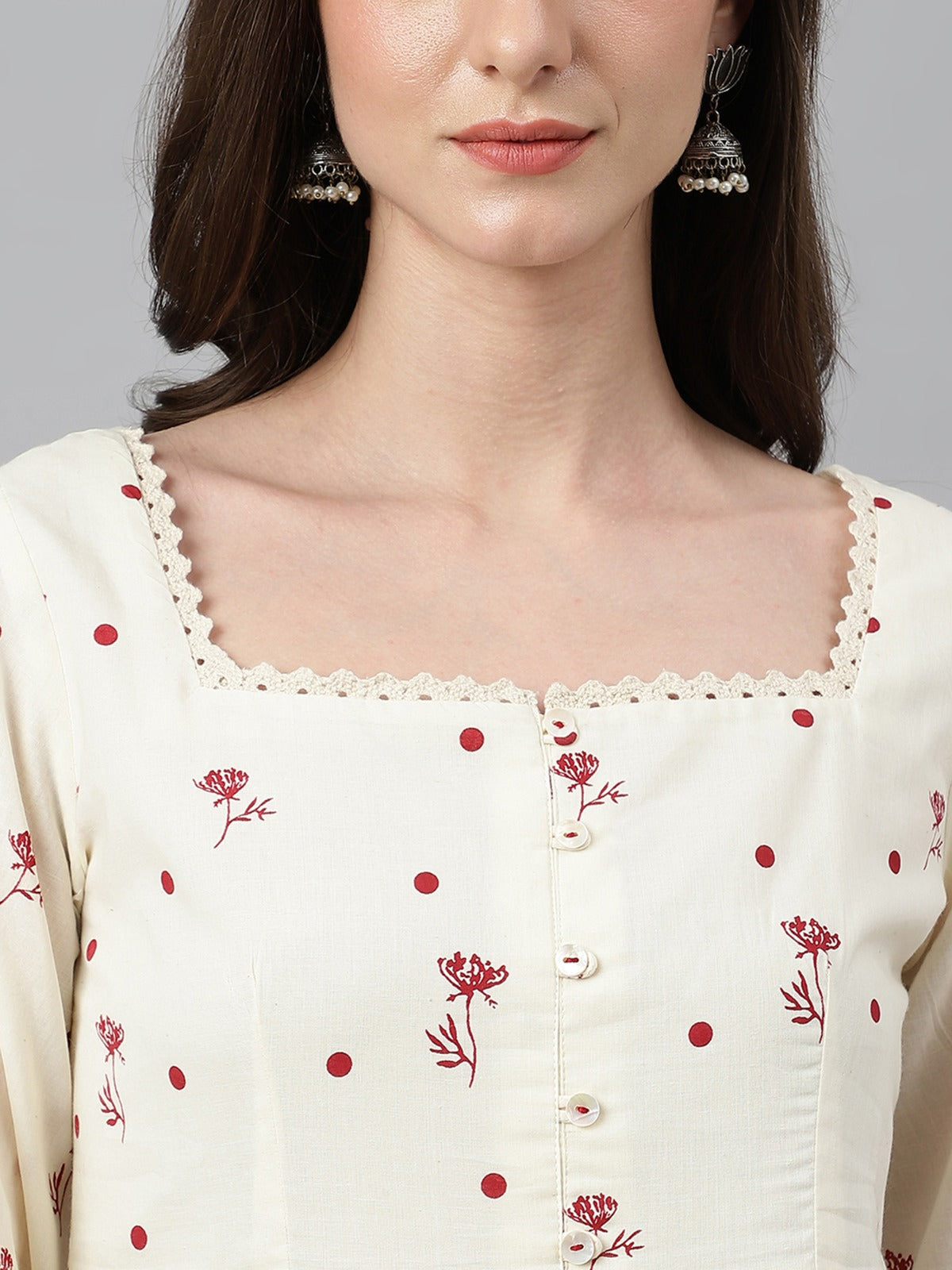 Women's Off White Cambric Cotton Botanical Print Flared Tunic My Store