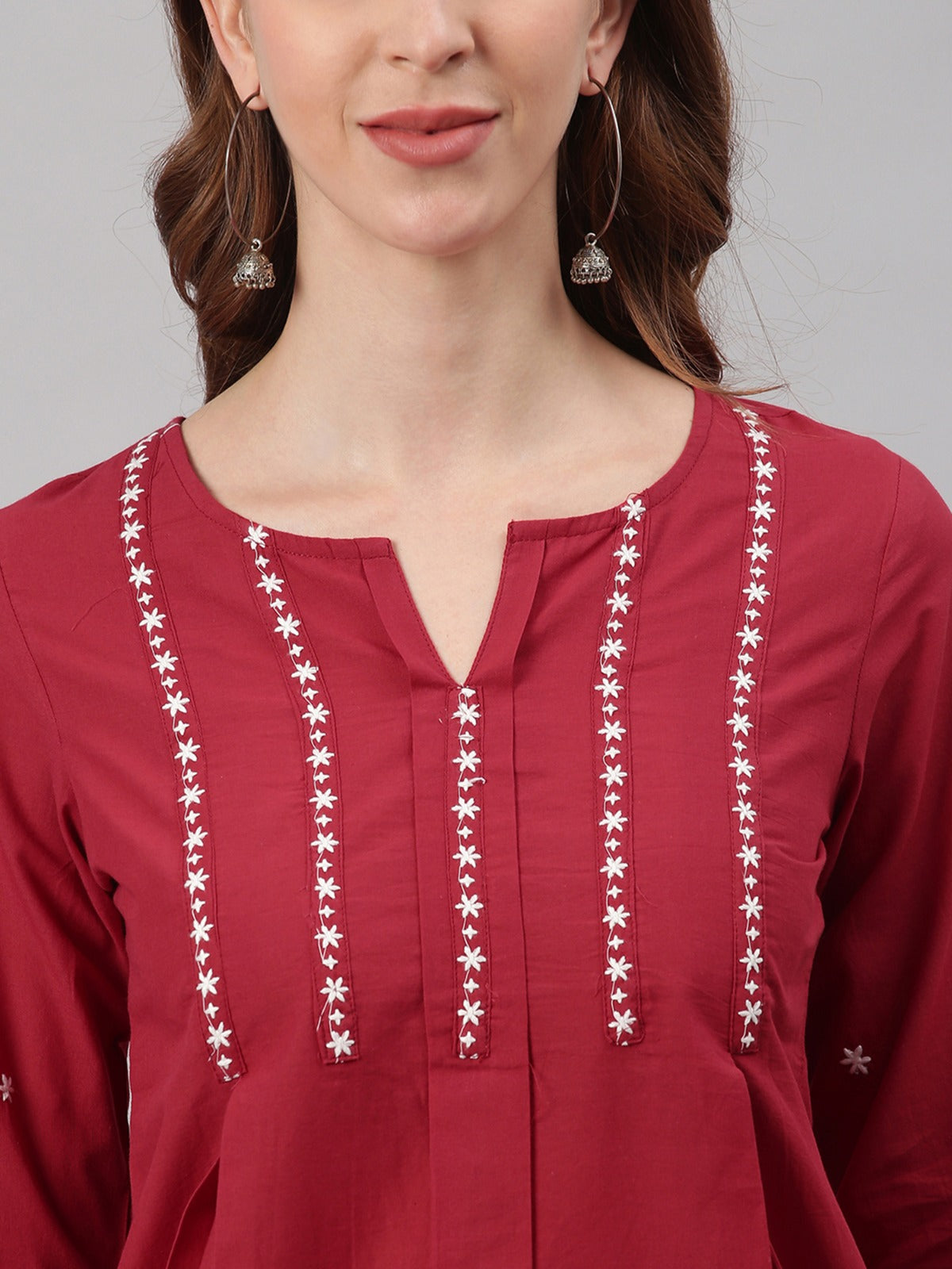 Women's Maroon Cotton Embroidered Trapeze Tunic My Store