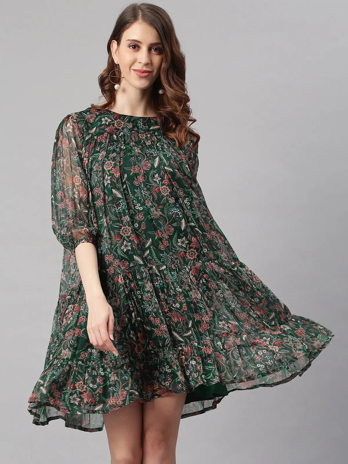 Women's Green Poly Georgette Floral Flared Western Dress My Store