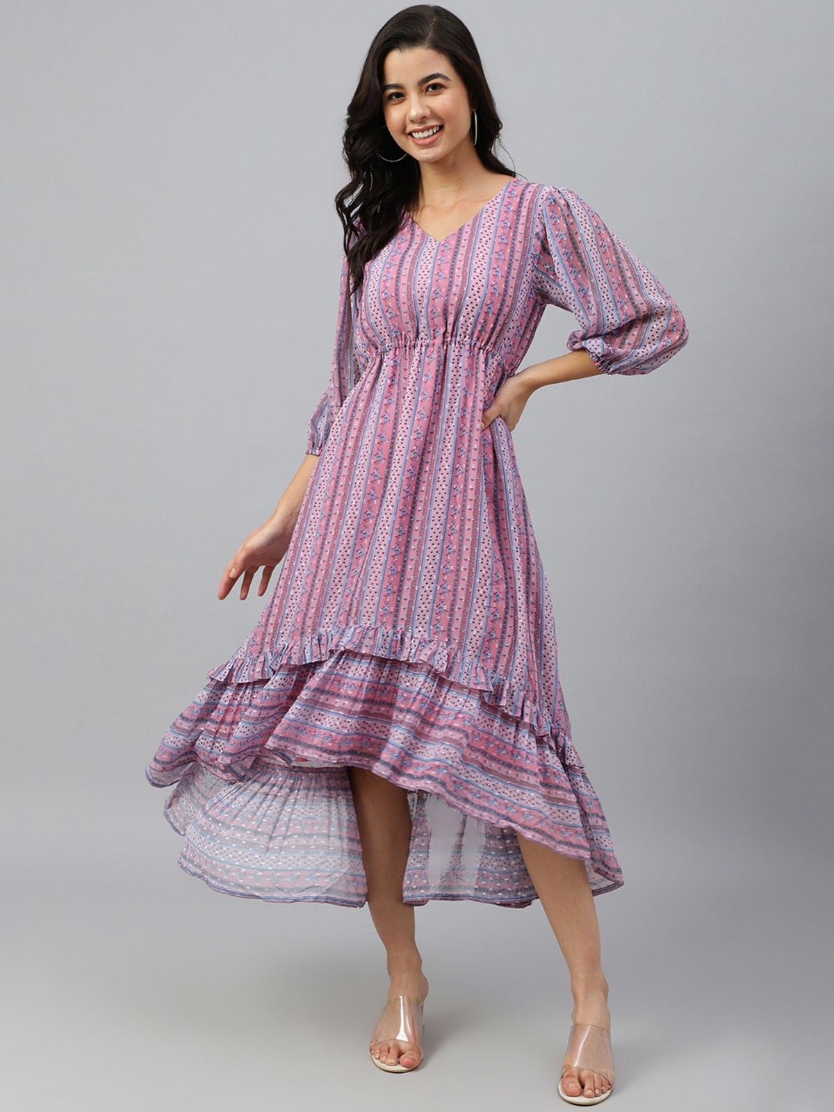Women's Pink Dobby Georgette Digital Print High Low Western Dress My Store