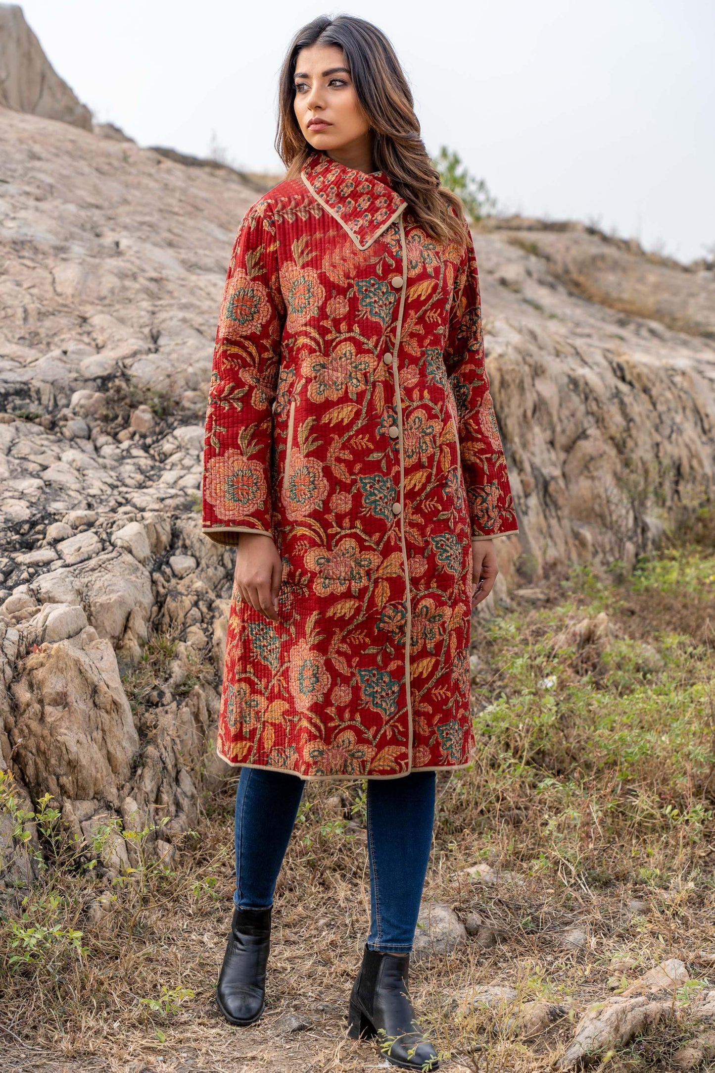 Red Floral Block Printed Quilted Bukhara Coat